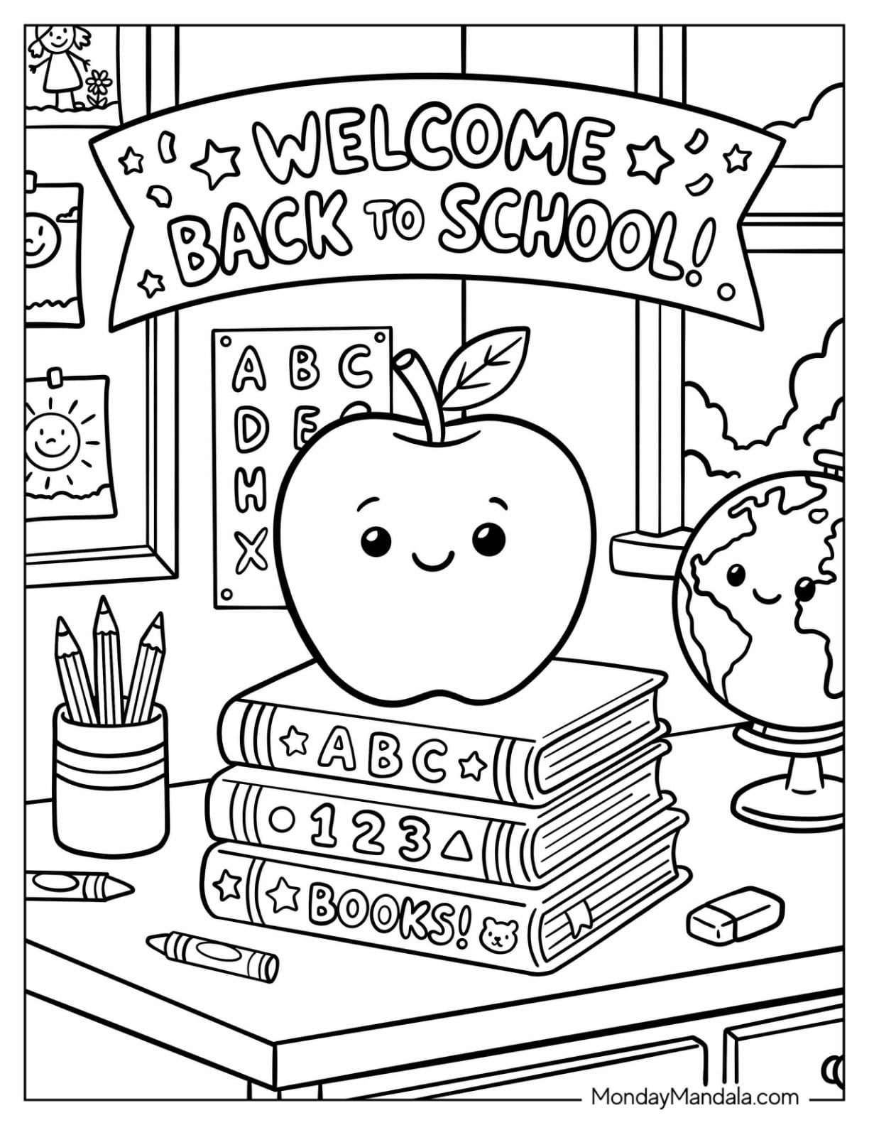 Welcome Back to School with Apple, Books, Pencils, and Globe Coloring Page