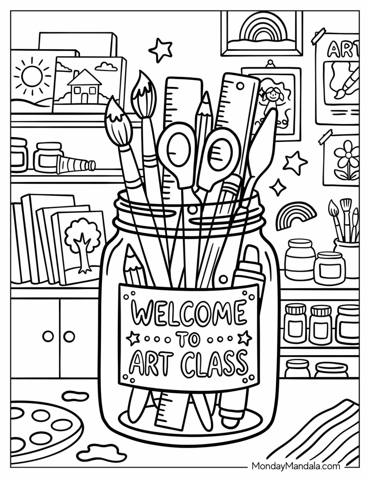 Welcome to Art Class with Paintbrushes and Art Supplies Coloring Page