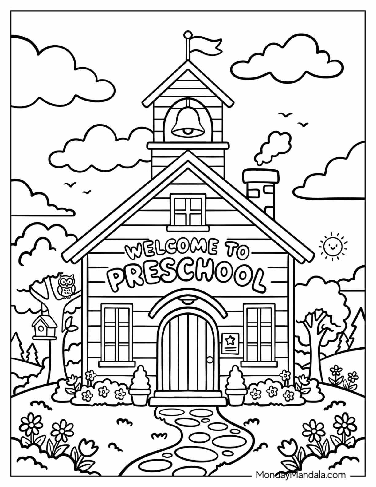 Welcome to Preschool Schoolhouse Coloring Page