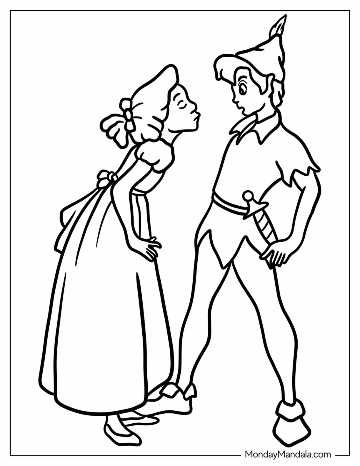 Wendy Leaning in to Kiss a Blushing Peter Pan Coloring Page for Kids