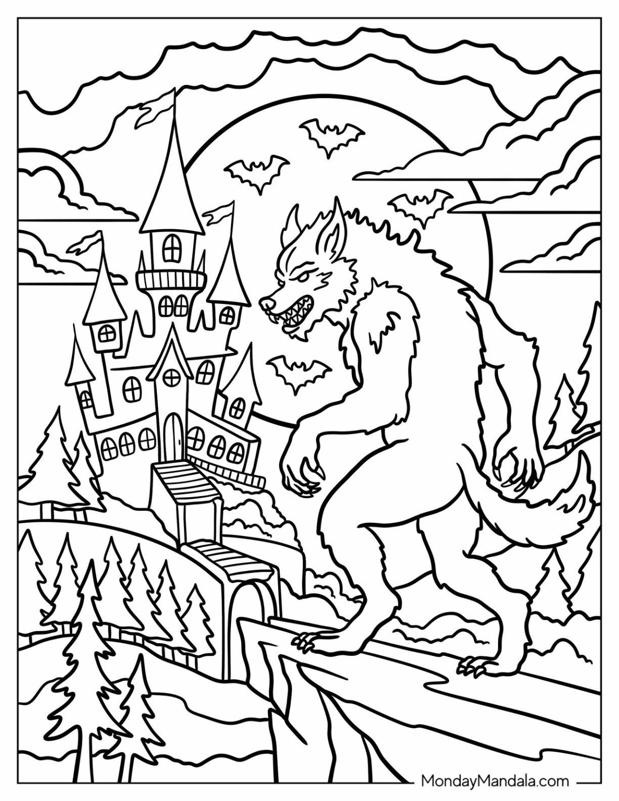 Werewolf Coloring Page Walking Up to a Haunted House at Night for Kids