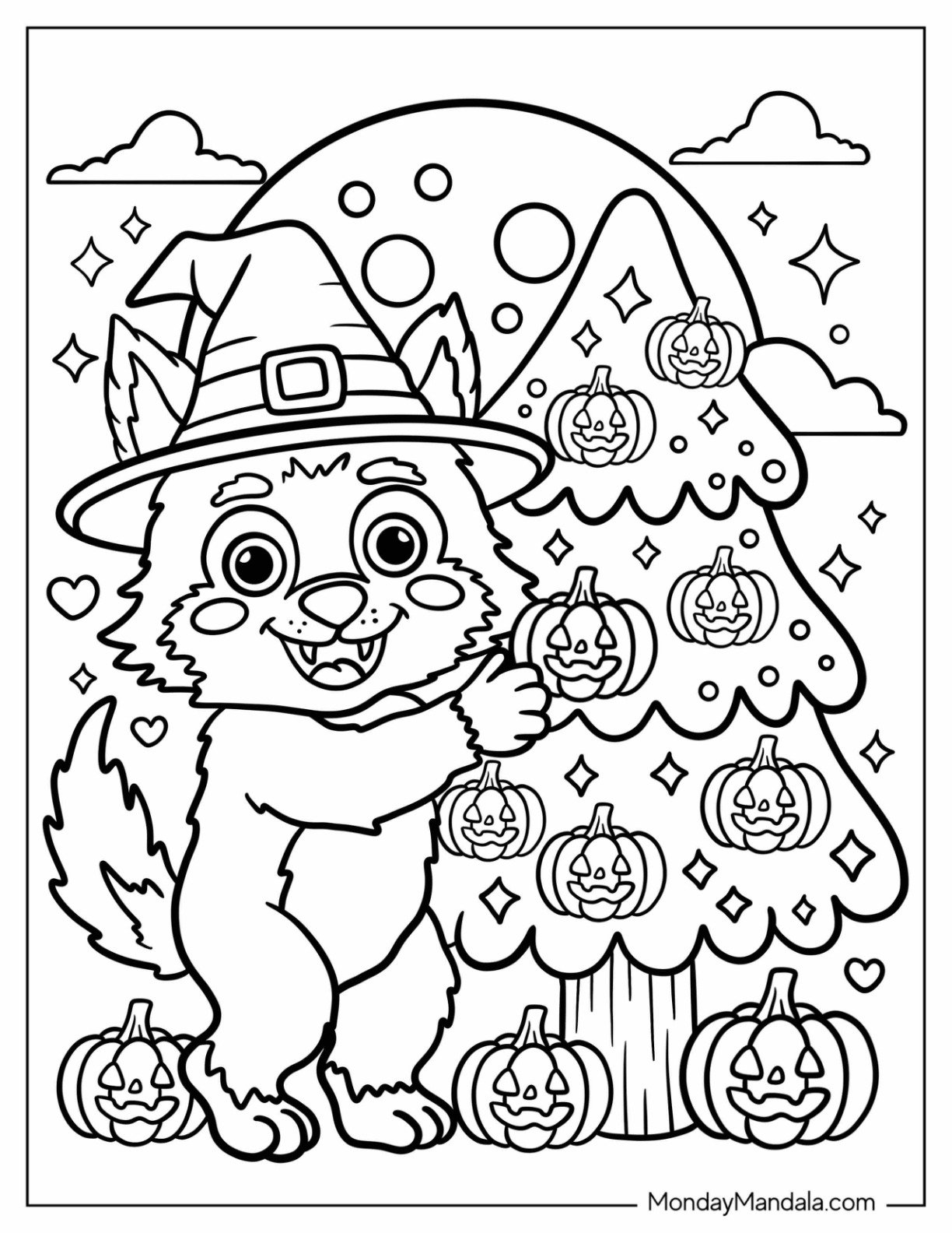Werewolf Coloring Page in a Witch s Hat Decorating a Tree with Jack O Lanterns