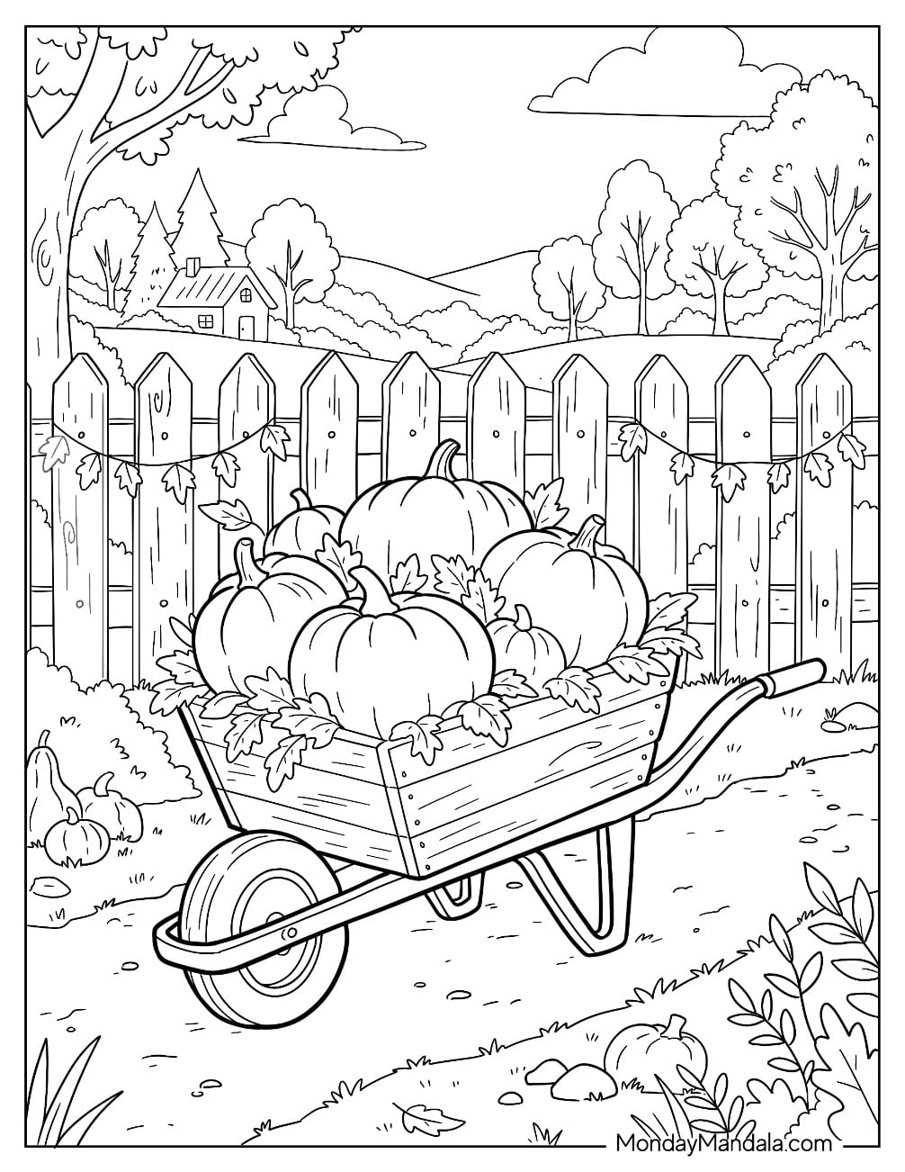 Wheelbarrow Filled with Pumpkins and Autumn Leaves in a Garden Coloring Page