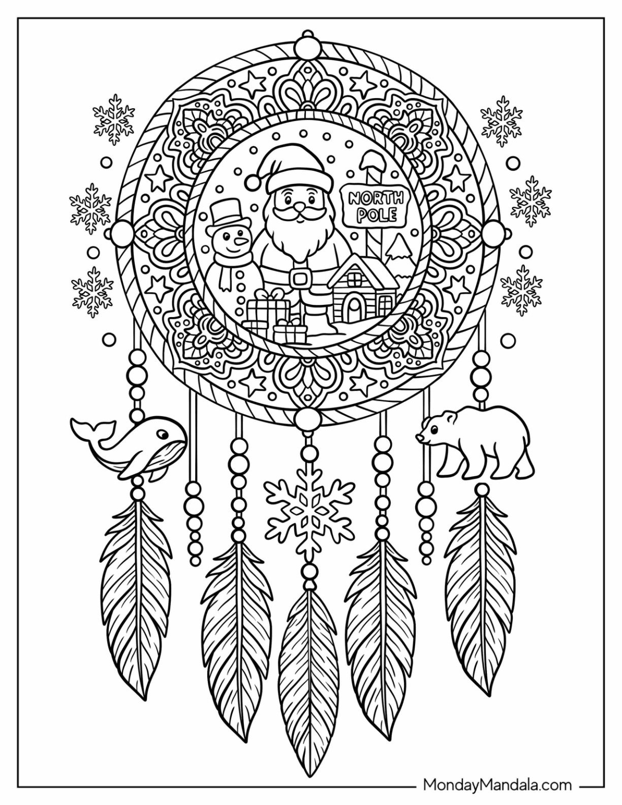Whimsical North Pole Coloring Page Dreamcatcher with Santa, Polar Bear, and Snowflakes