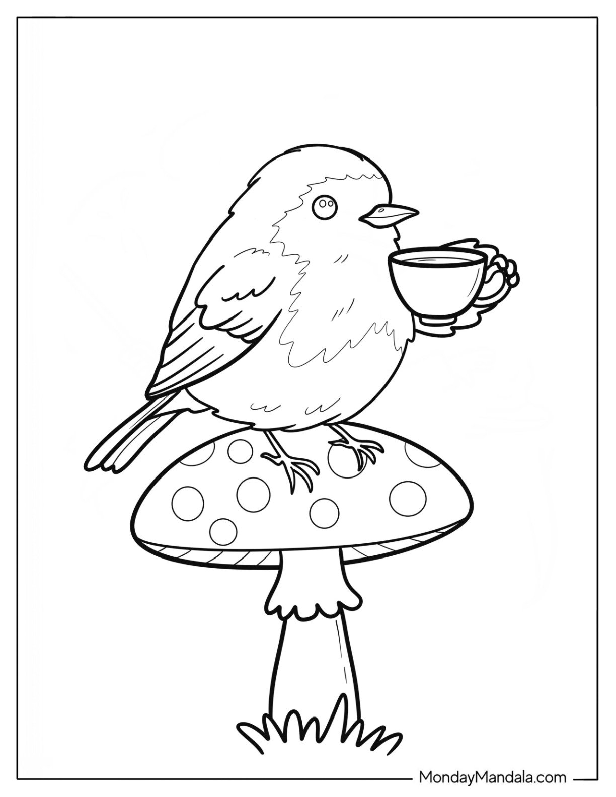 Whimsical Robin Coloring Page Drinking Tea on Mushroom for Kids