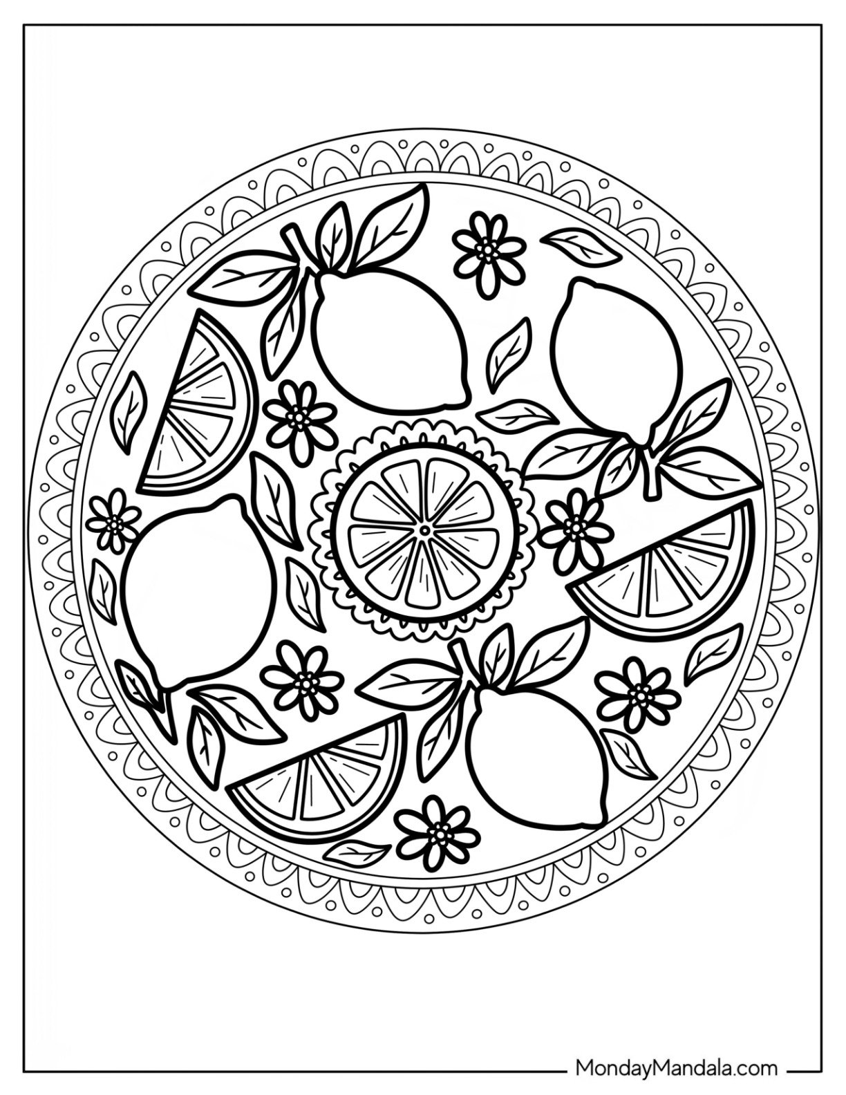 Whole Lemon Coloring Page and Wedges with Flowers Inside Mandala Frame