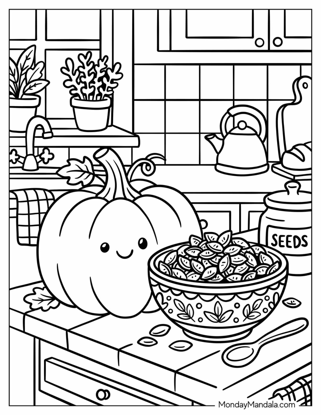 Whole Pumpkin on a Kitchen Table with Seeds Coloring Sheet