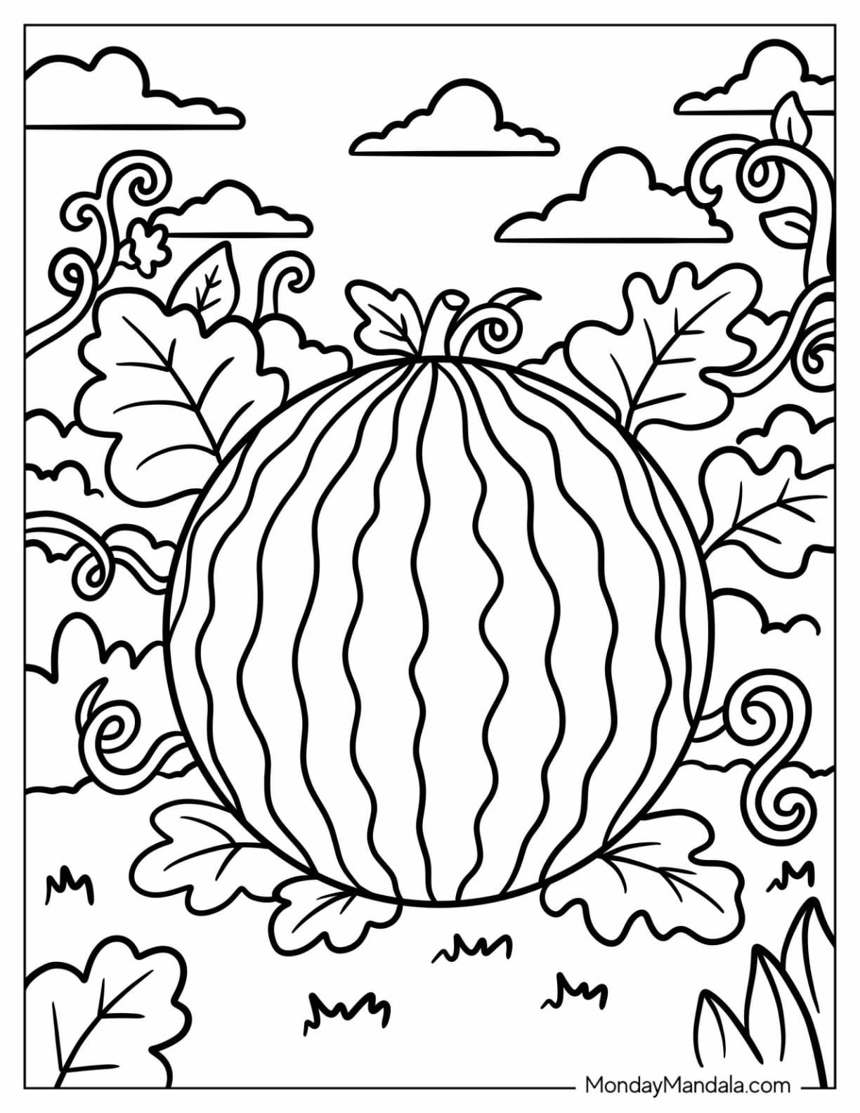 Whole Watermelon Growing Among Vines and Leaves Coloring Page