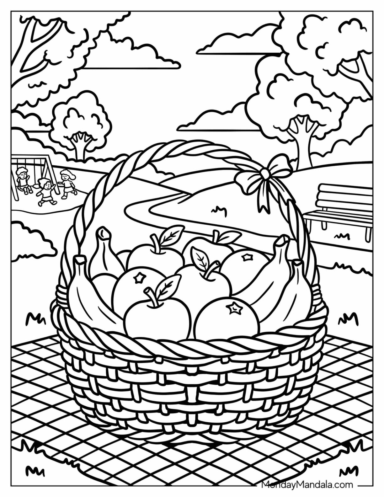 Wicker Basket Full of Fruits Coloring Page for Kids