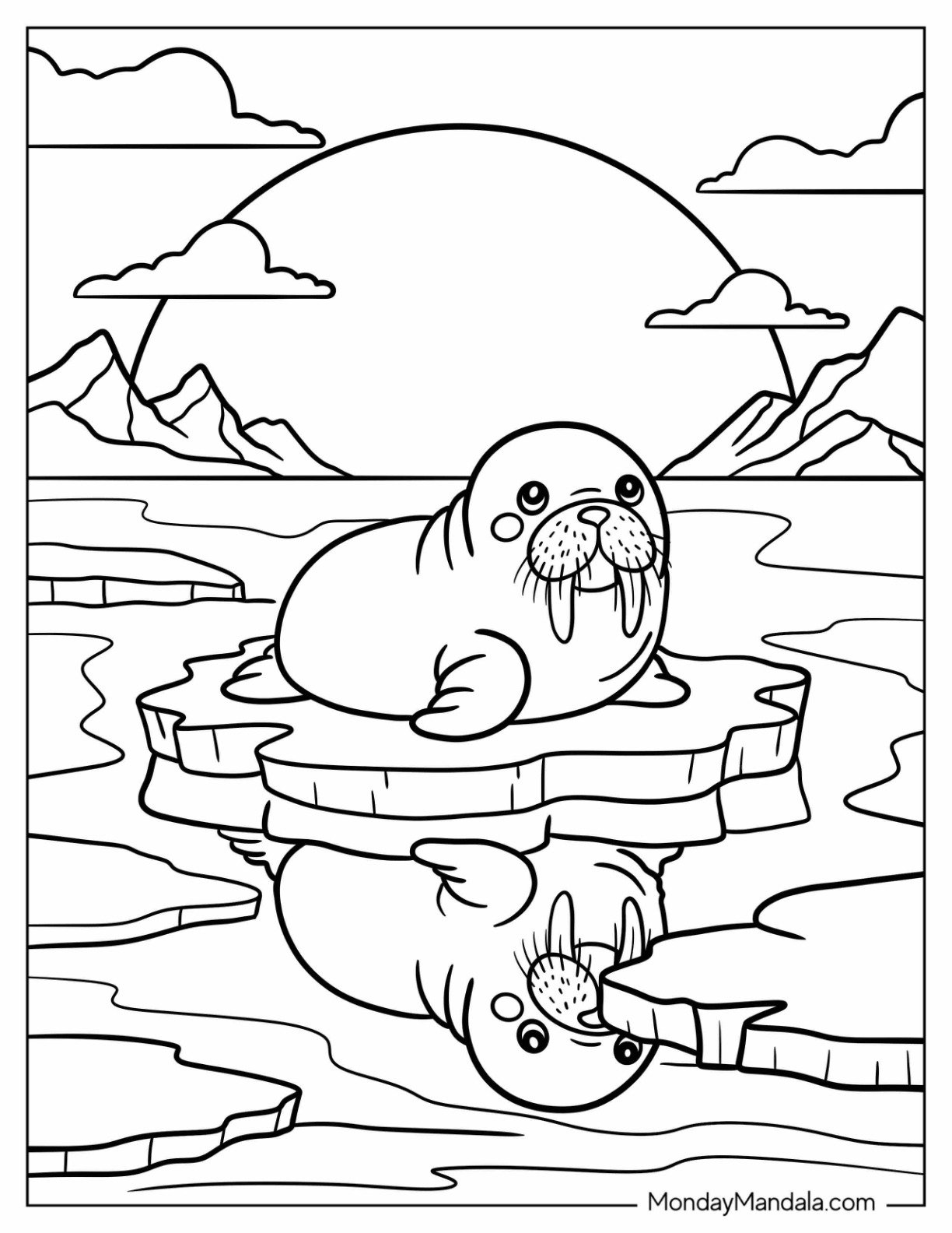 Wild Arctic Animals Coloring Page of Walrus on Cracked Sea Ice