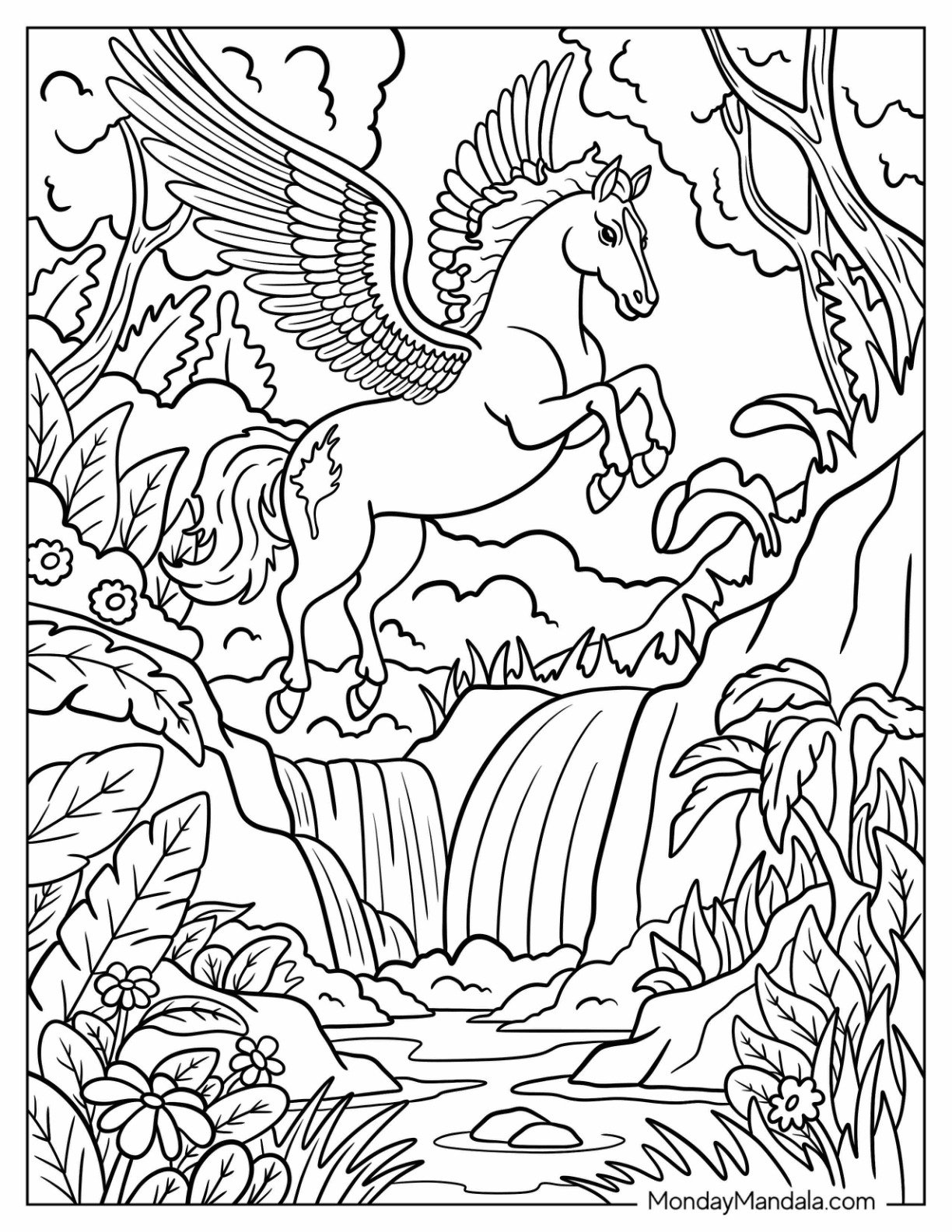 Wild Pegasus Coloring Page Flying Over Jungle Waterfall