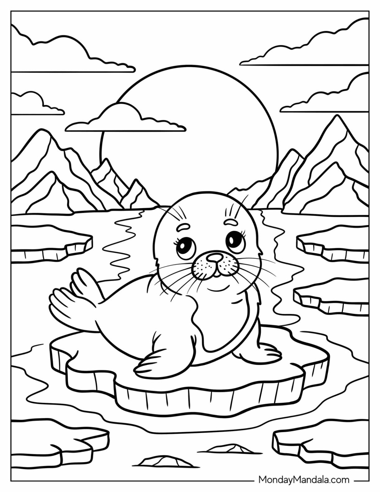 Arctic Animals Coloring Page of Wild Seal on Ice Sheet with Snow Capped Peaks for Kids