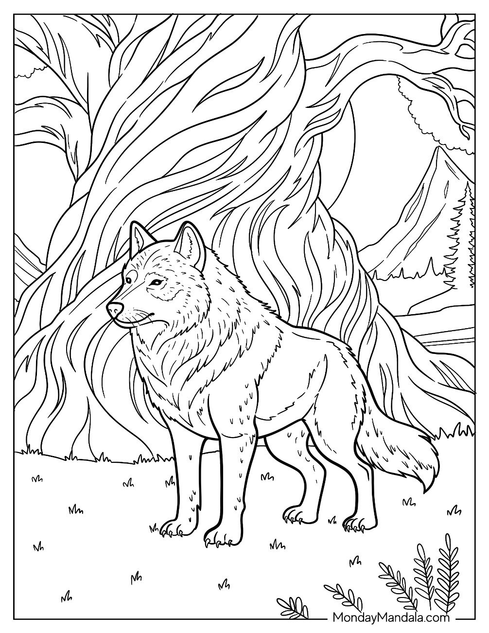 Wild Wolf Coloring Page in Grassy Field with Massive Tree