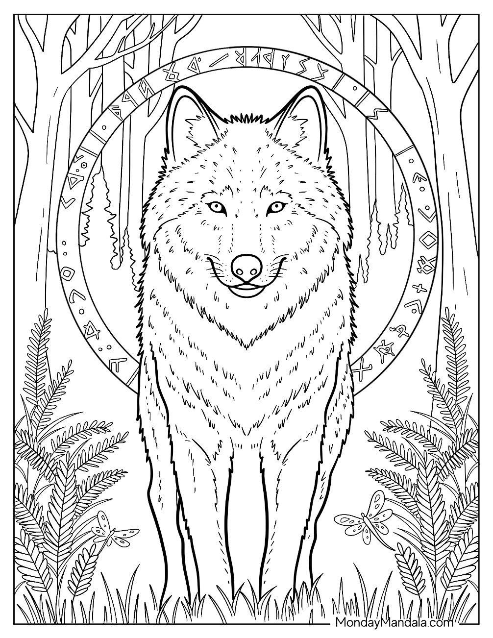 Wild Wolf Coloring Page with Rune Circle in Woodland