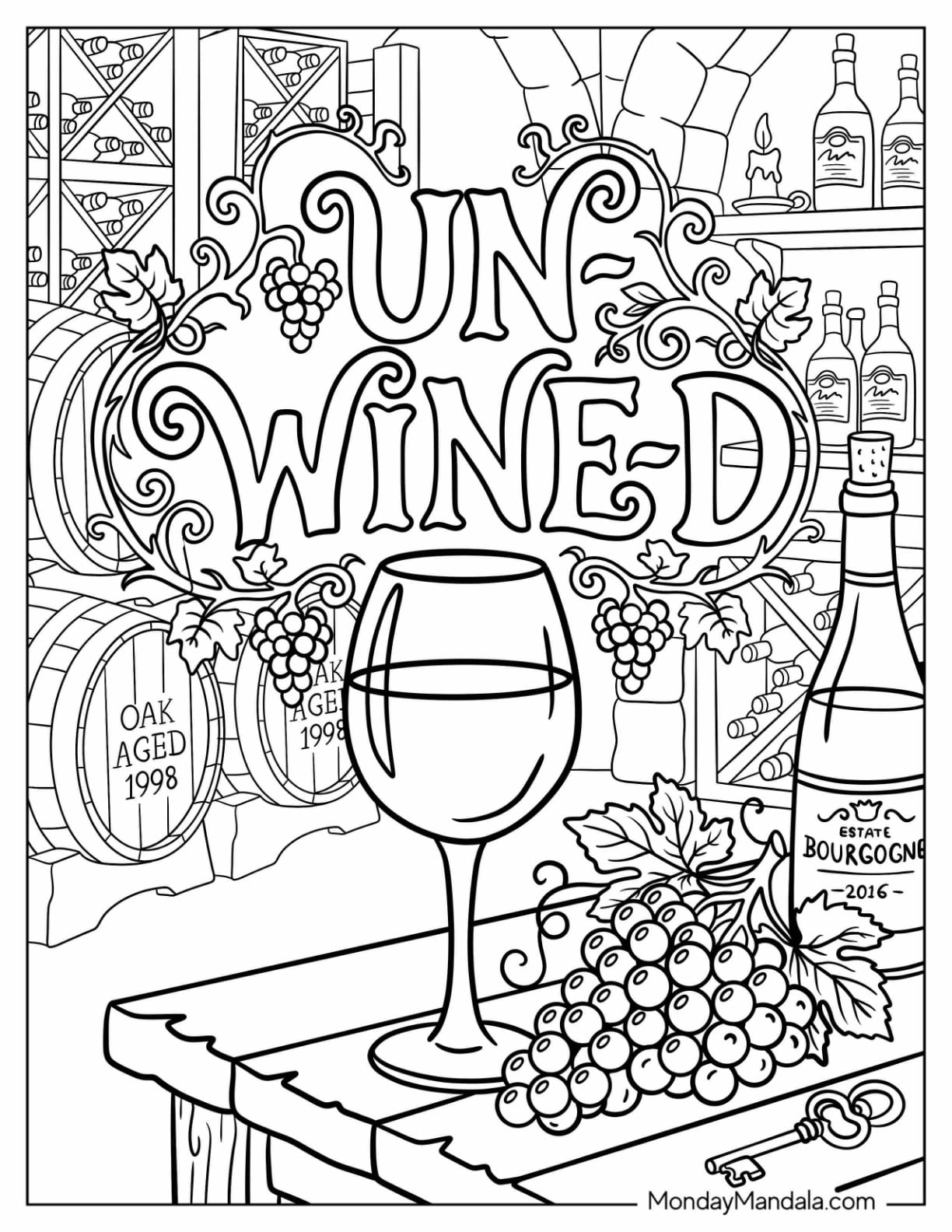 Wine Cellar with Grapes, Wine Barrels, and Wine Glass Coloring Page for Adults