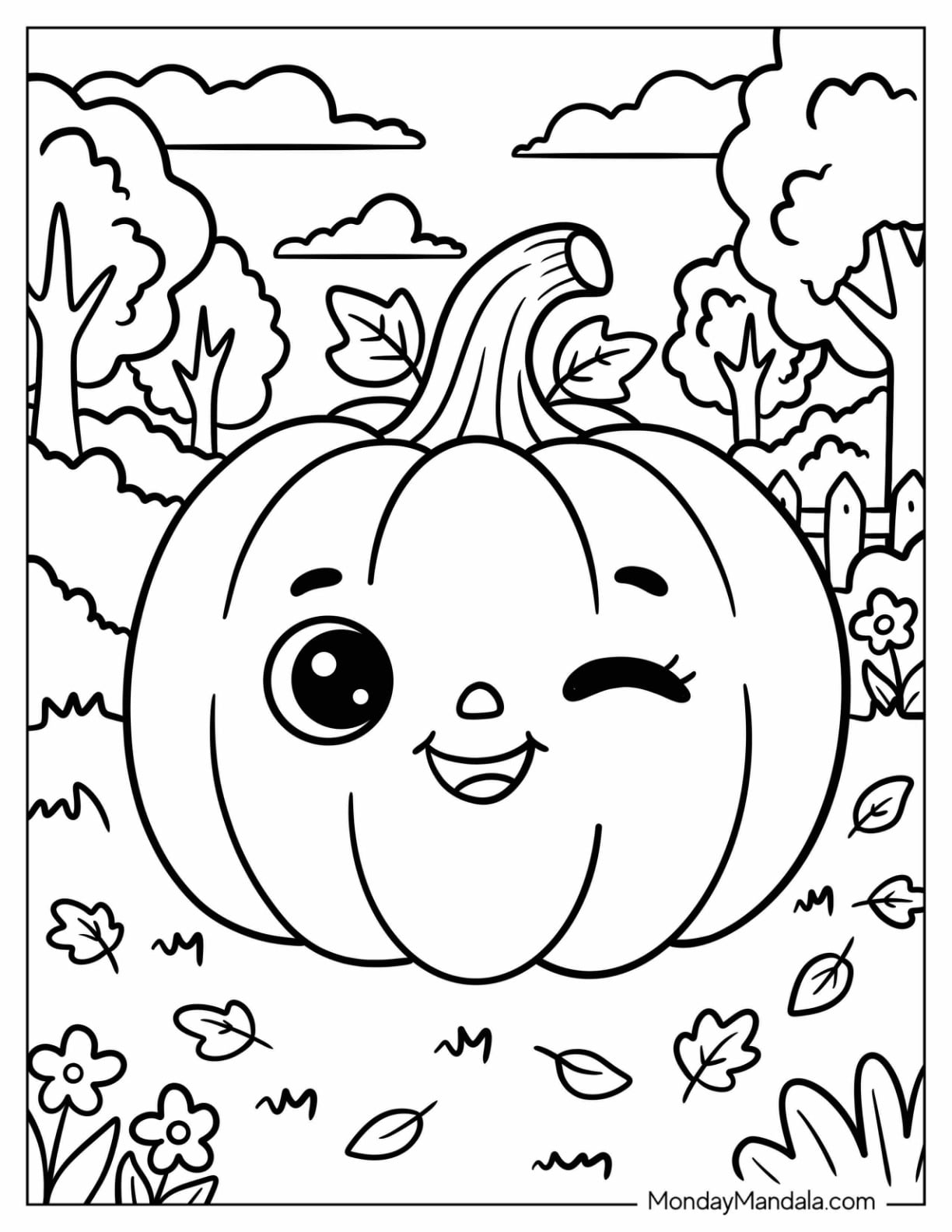 Winking Jack O’ Lantern in an Autumn Garden Coloring Page