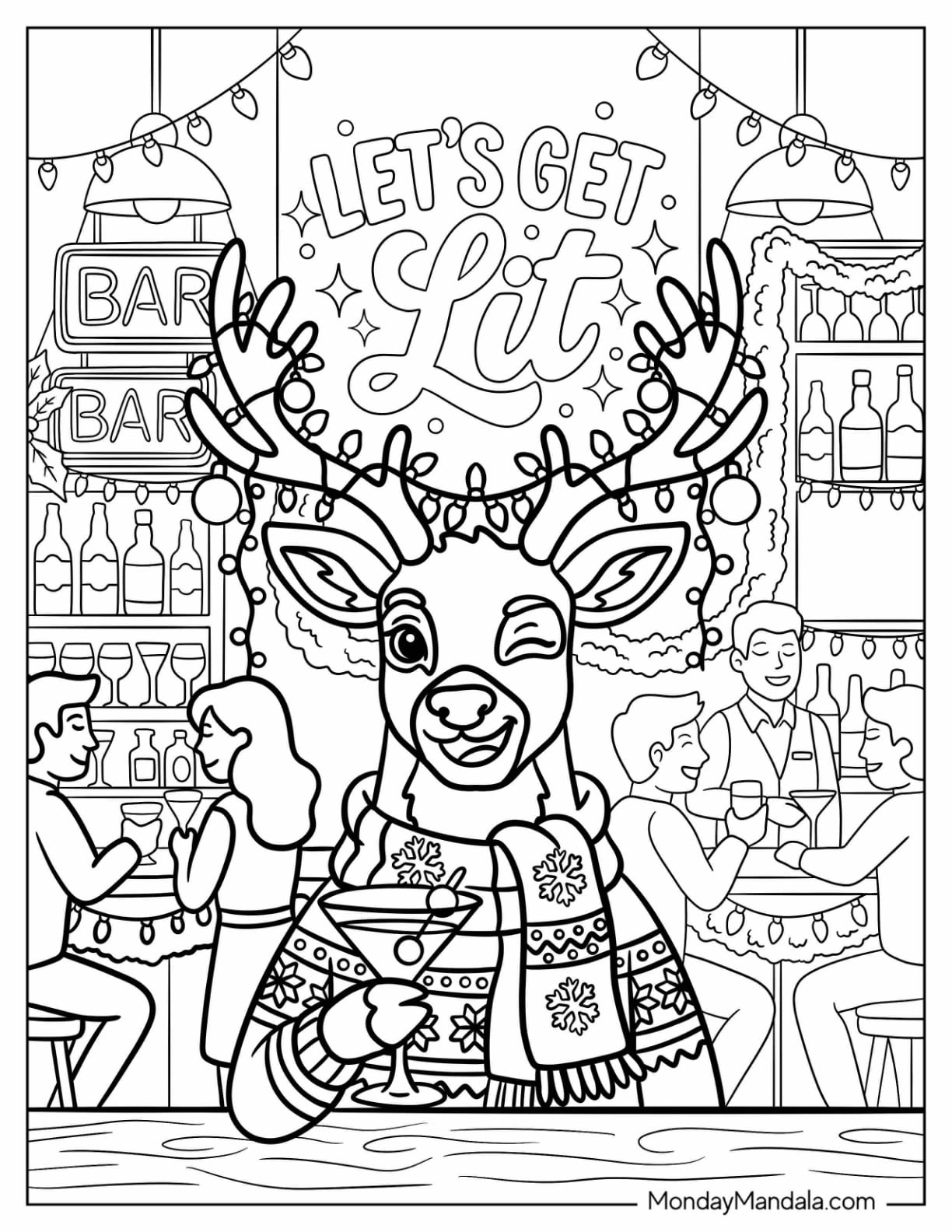 Winking Reindeer Holding a Cocktail on Christmas Coloring Page for Adults