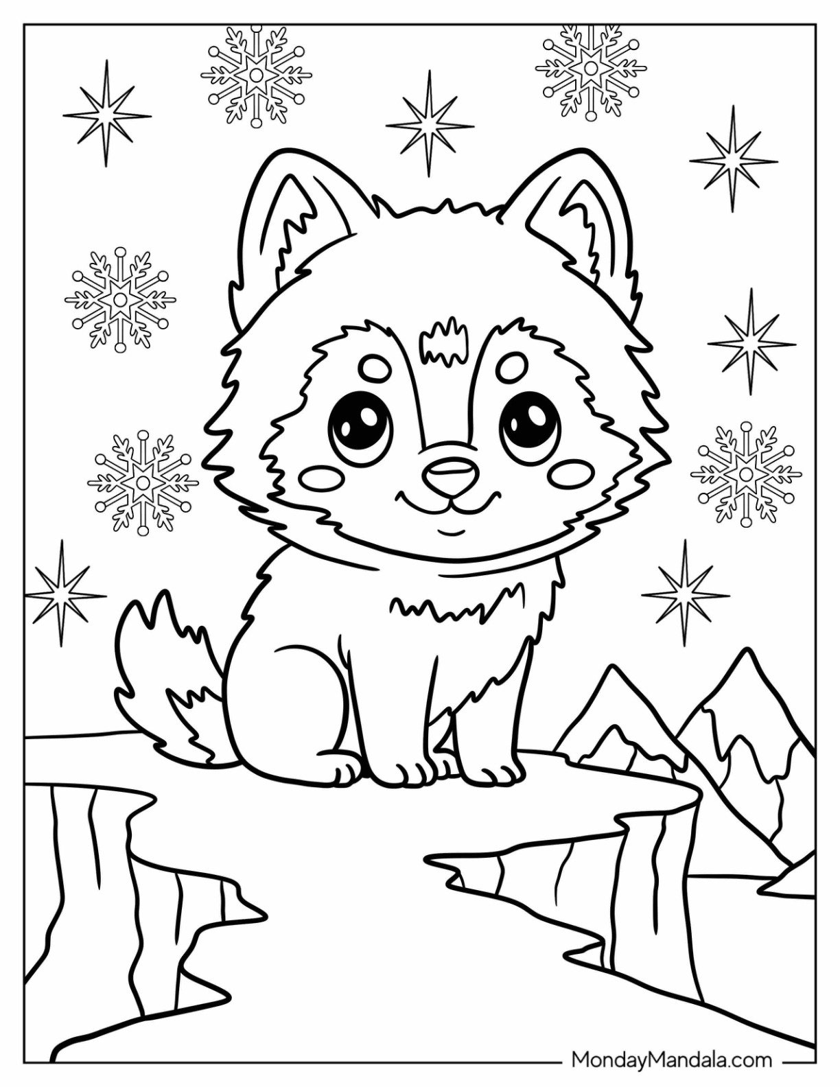 Winter Arctic Animals Coloring Page of Fox with Fluffy Tail for Kids