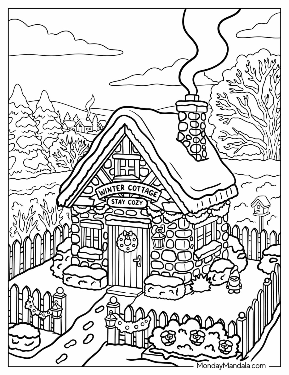 Winter Cottage in the North Pole on Christmas Coloring Page for Adults