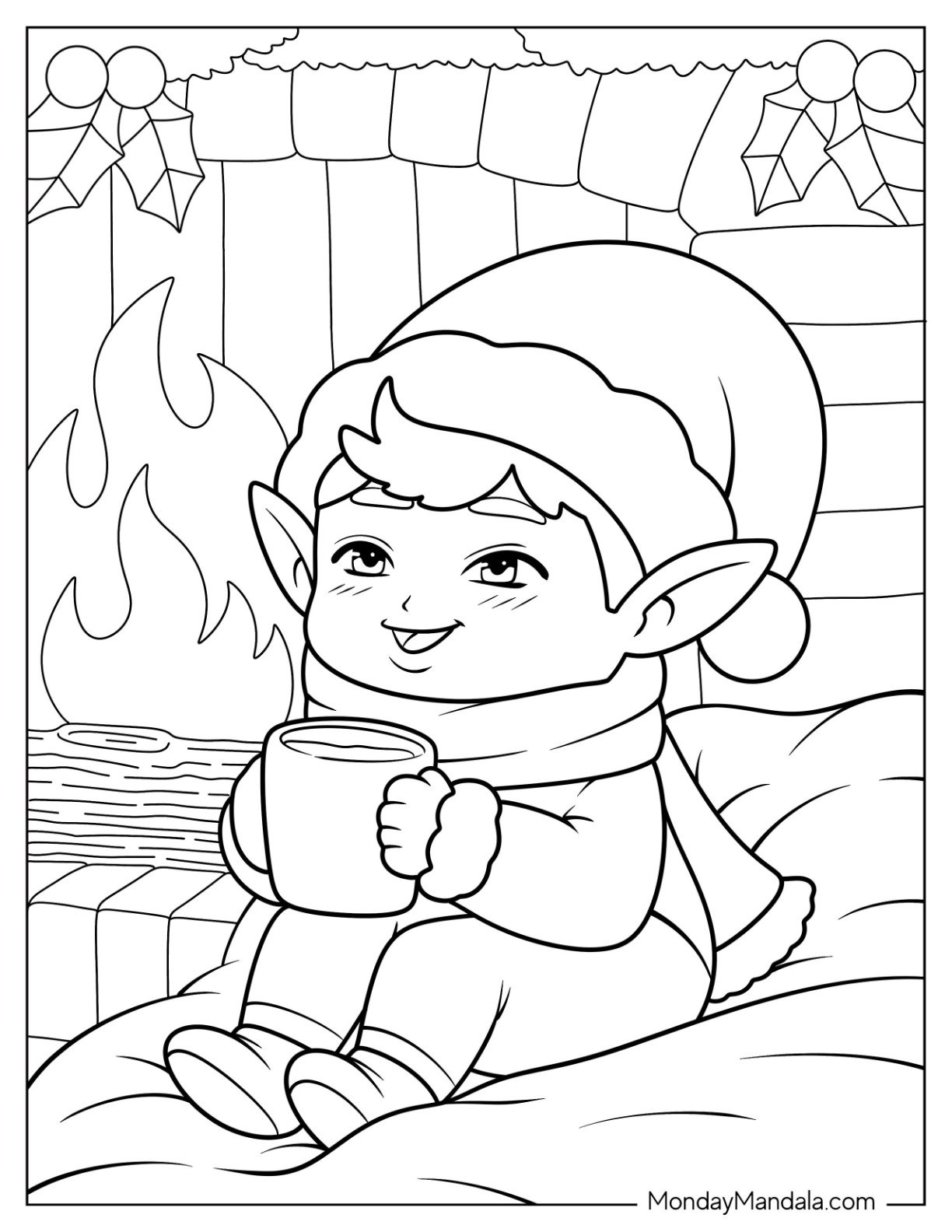Winter Elf Coloring Page Sipping a Warm Drink By The Fireplace For Preschoolers
