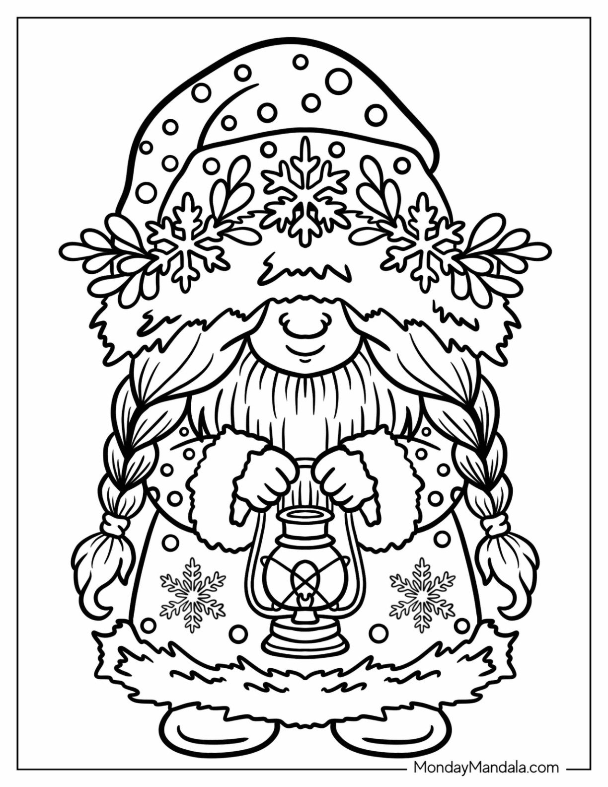 Winter Gnome in Snowflake Coloring Page Robe with Braids and Lantern