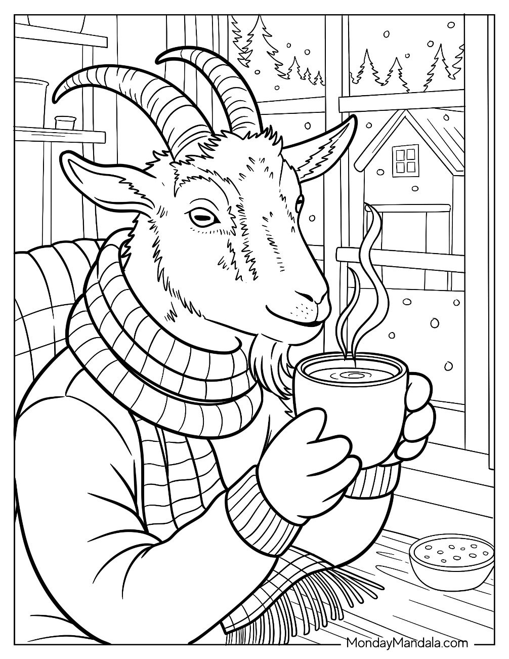 Winter Goat Coloring Page Wrapped in a Scarf Enjoying Hot Chocolate by the Window