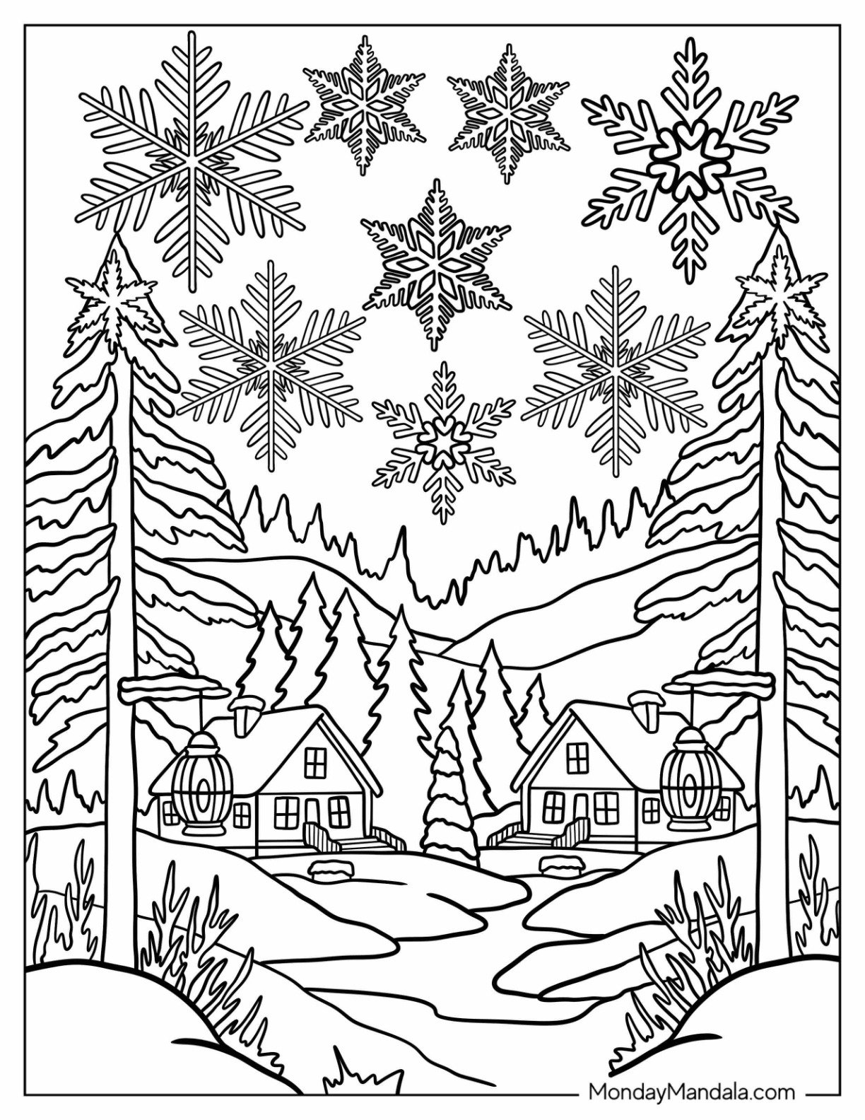 Winter Village in the Woods with Large Snowflake Coloring Page in the Sky