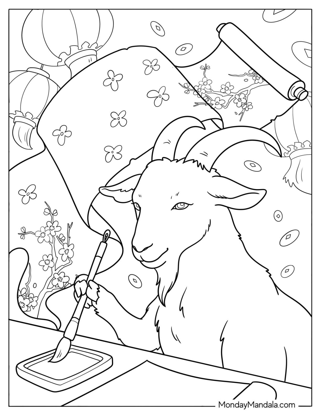 Chinese New Year Coloring Page of Wise Chinese Zodiac Ram Doing Calligraphy