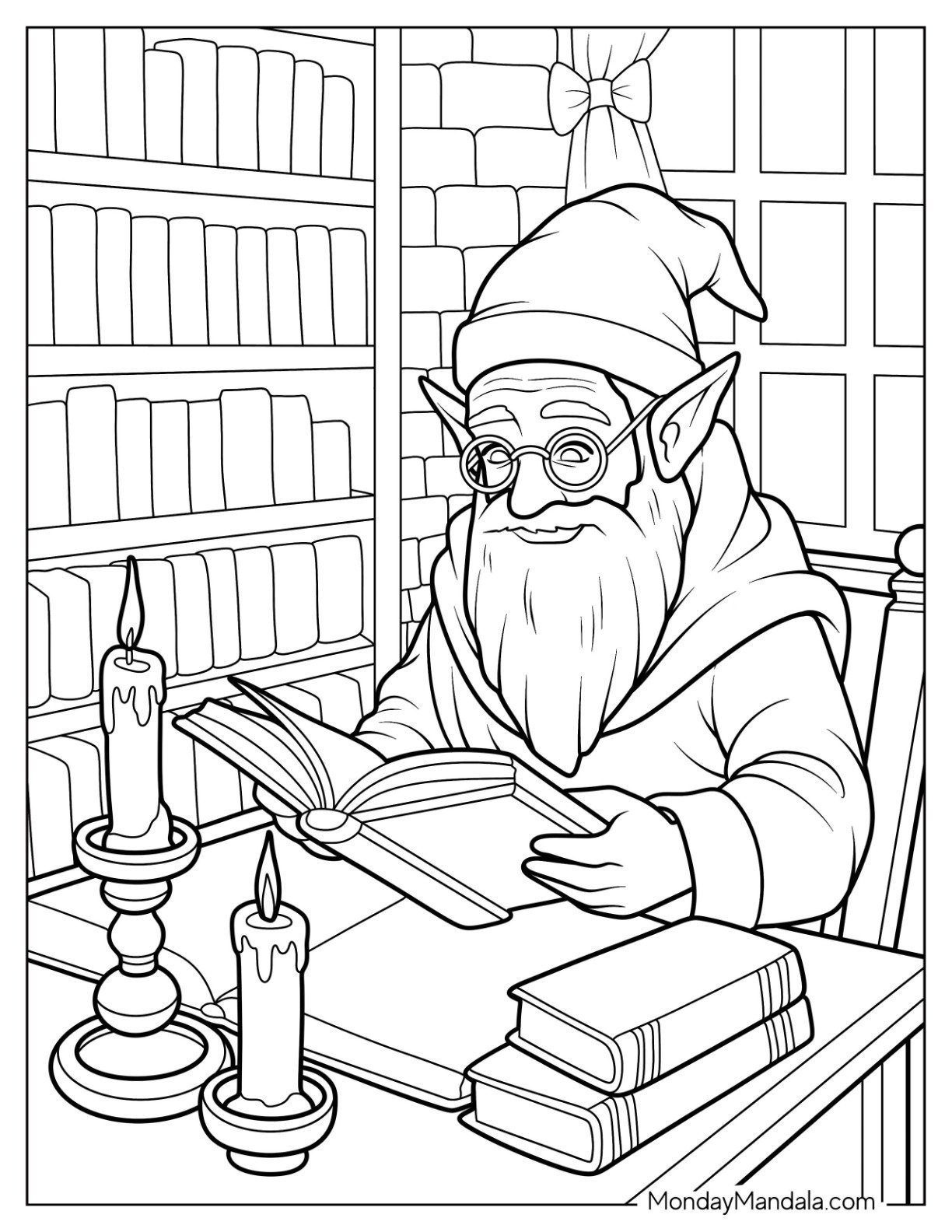 Wise Elf Coloring Page Reading by Candlelight in a Magical Library