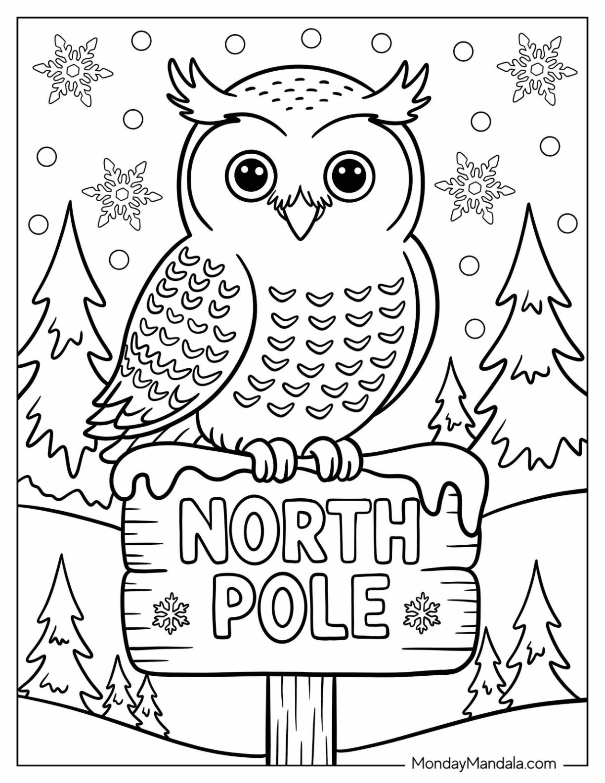 Wise Owl Sitting on North Pole Coloring Page Sign for Kids