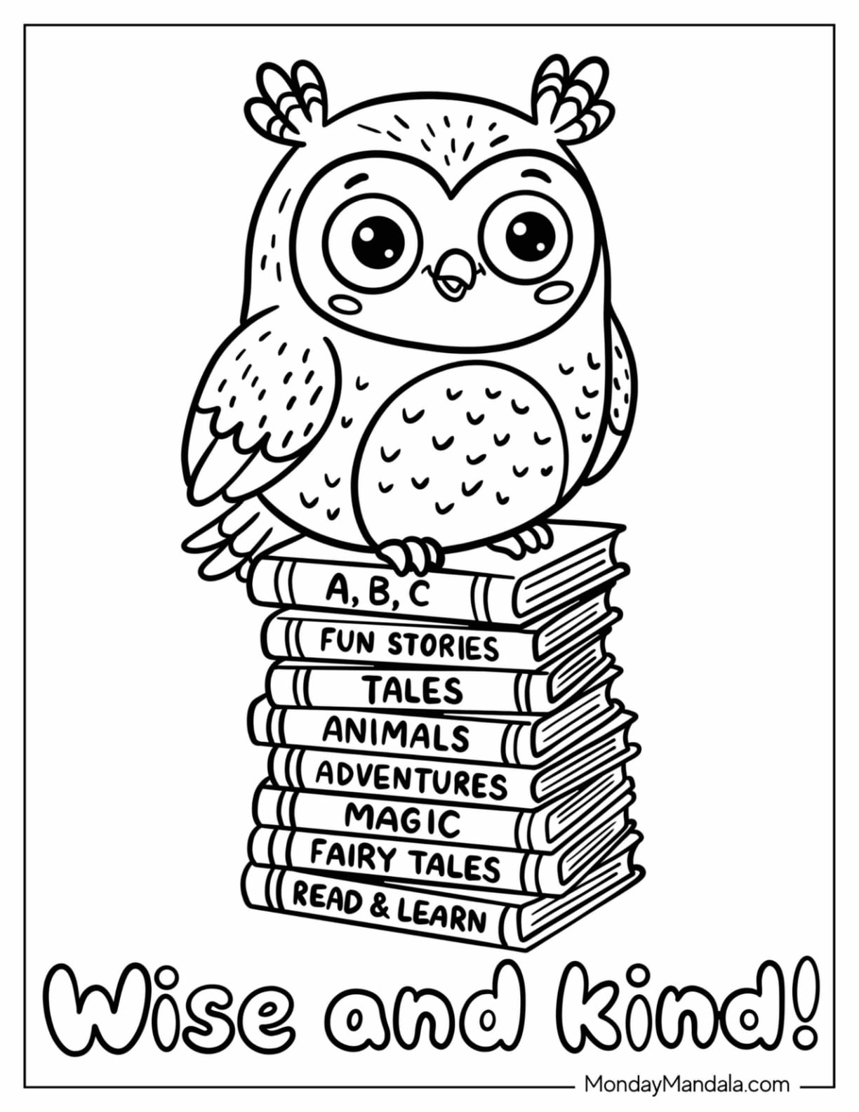 Wise Owl Sitting on a Stack of Books Coloring Page for Kids