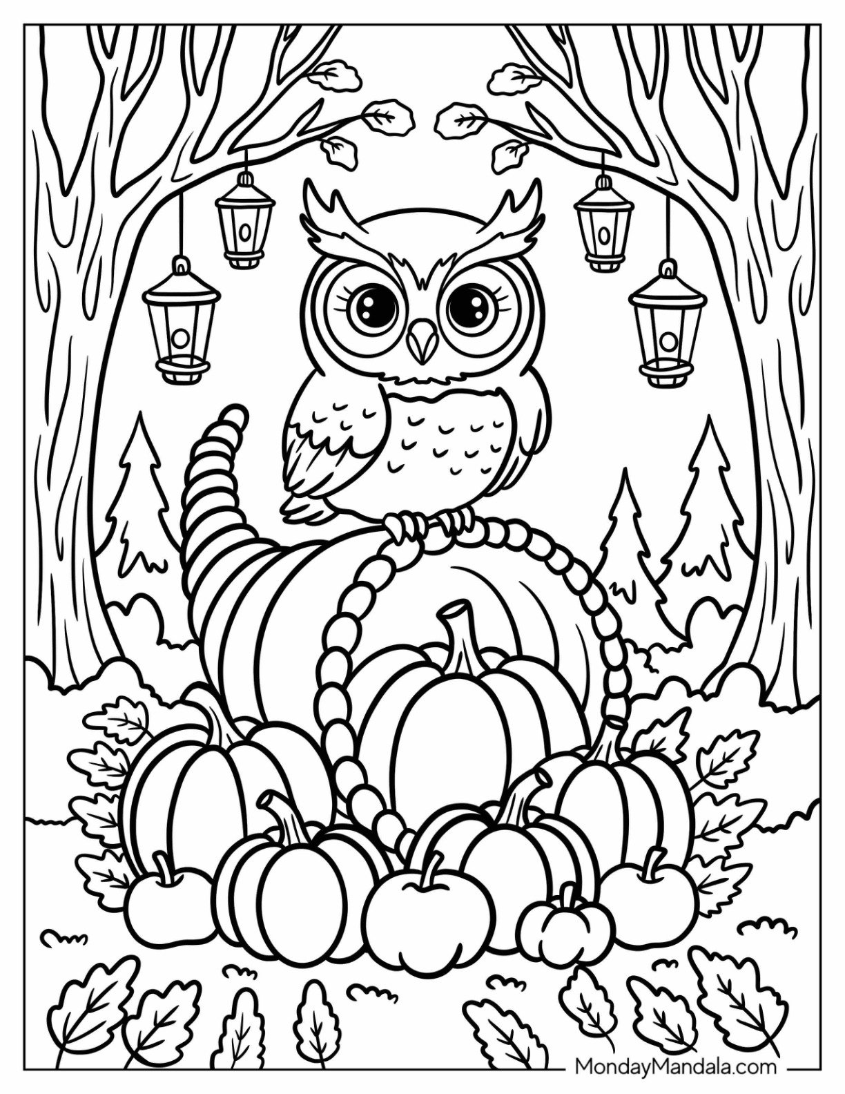 Thanksgiving Coloring Page of Wise Owl on a Pumpkin Cornucopia in a Lantern Lit Forest