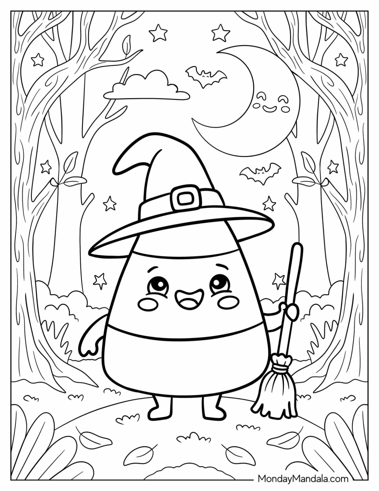 Witch Candy Corn in the Forest Coloring Sheet