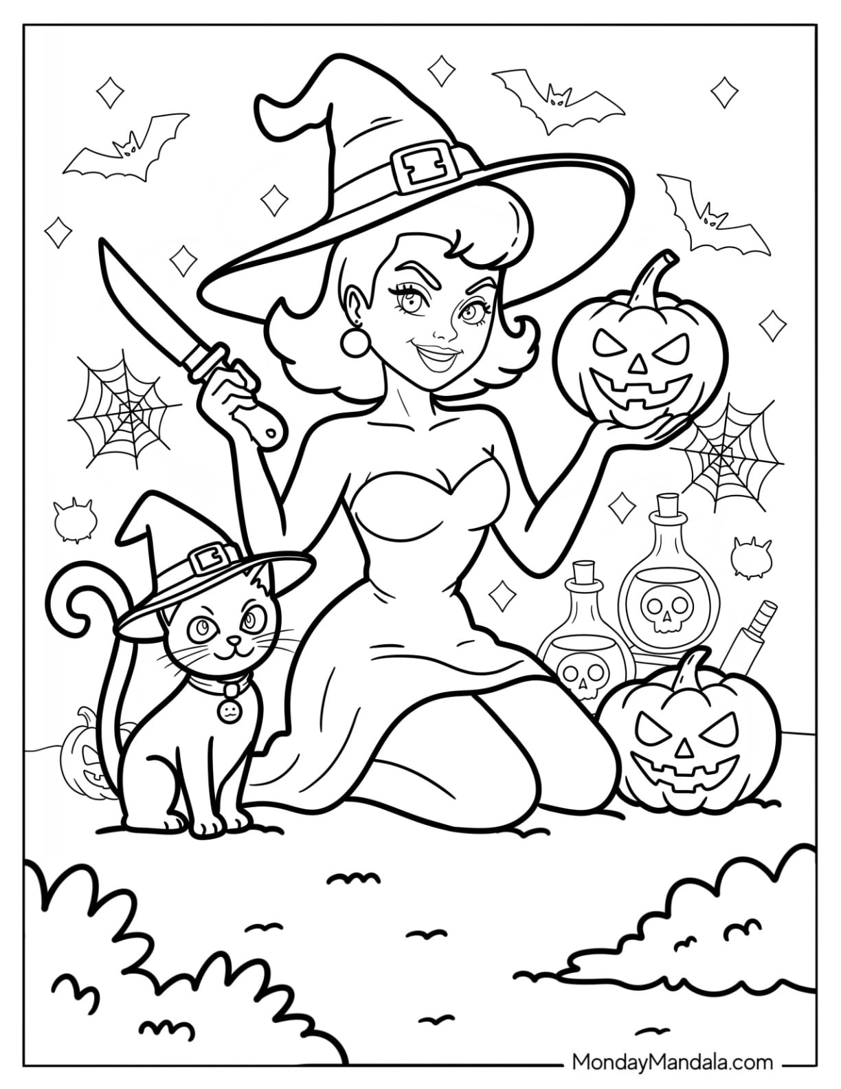 Halloween Cat Coloring Page of Witch Carving Jack o Lanterns with Pet Cat Beside Her
