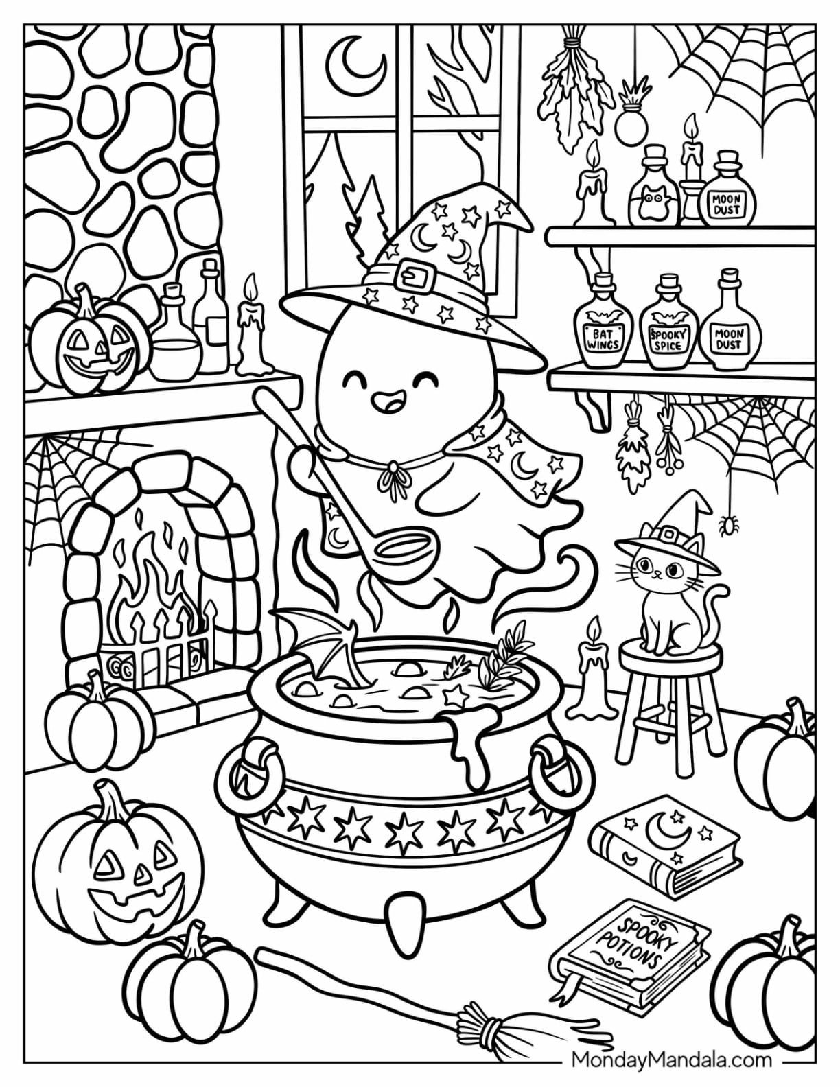 Witch Ghost Stirring a Magic Cauldron Coloring Page