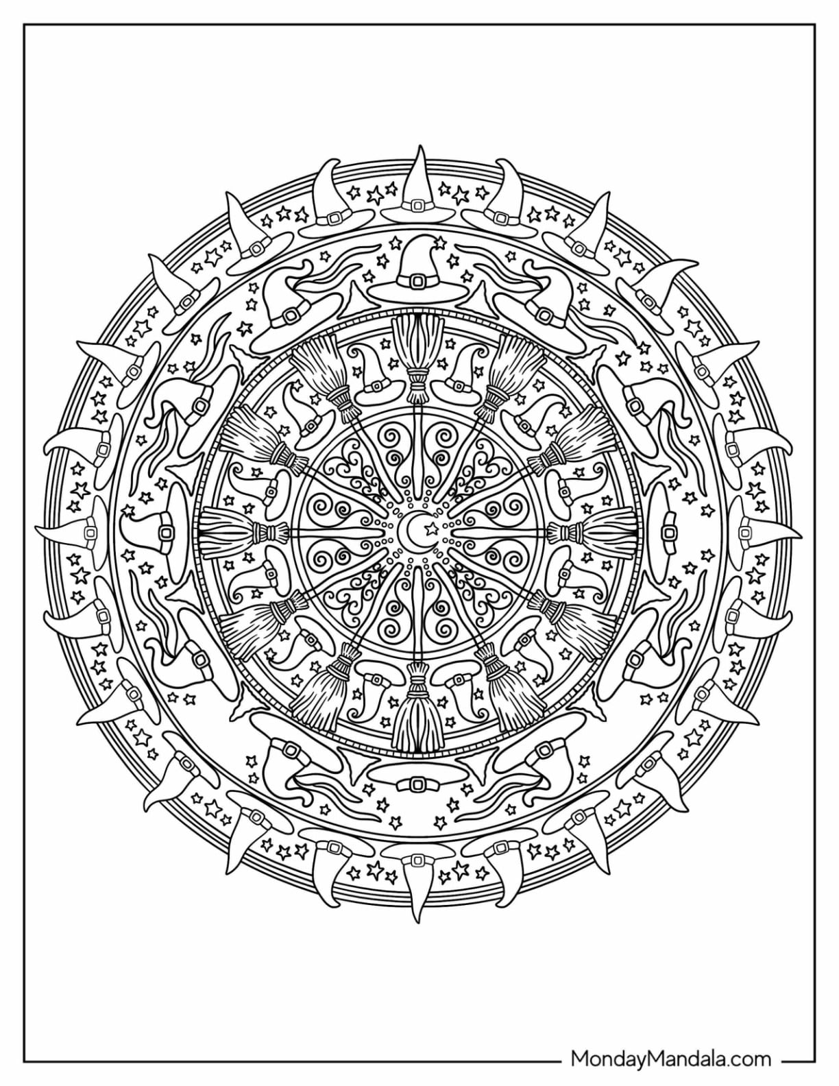 Witch Hats, Cats, and Brooms Halloween Mandala Coloring Sheet