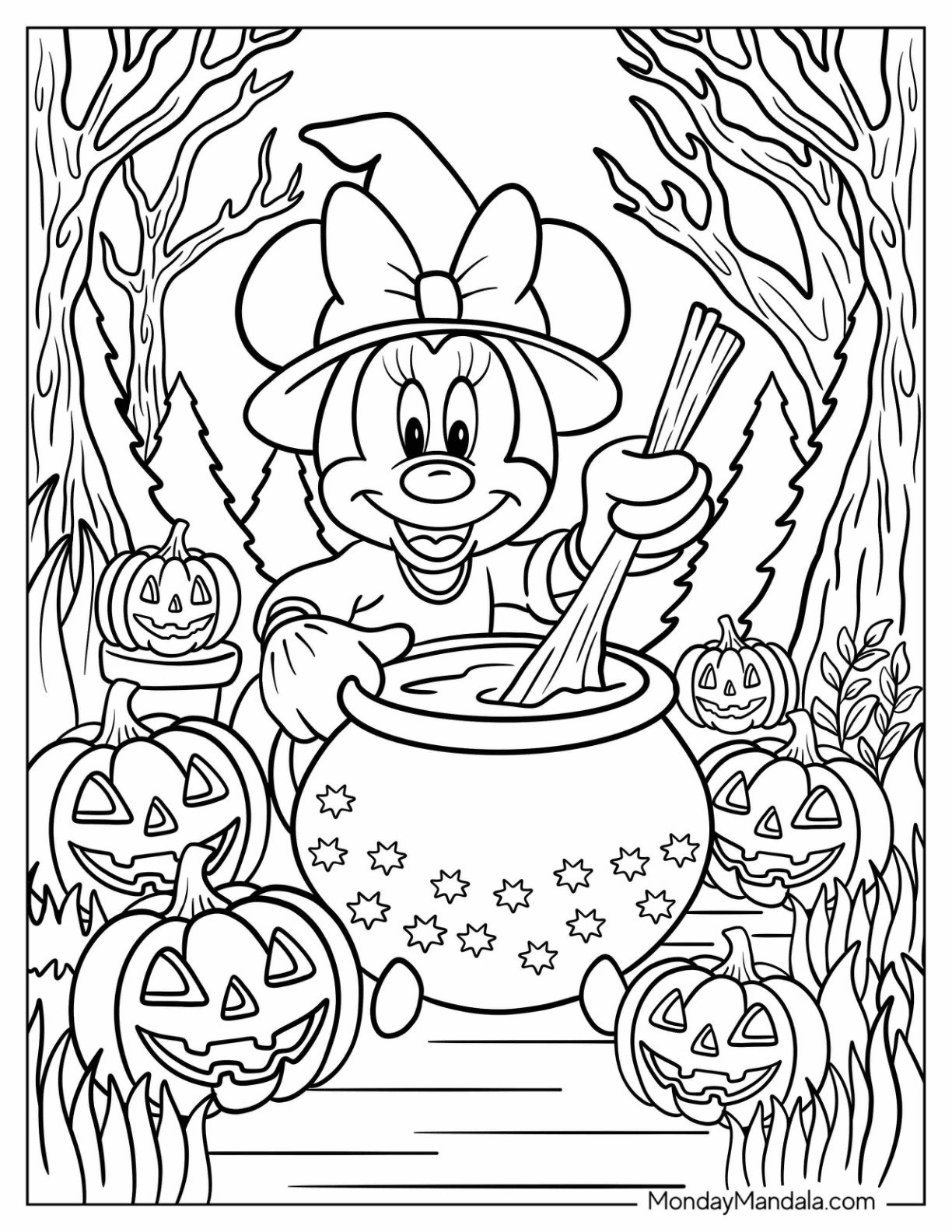 Disney Halloween Coloring Page of Witch Minnie Mouse Stirring a Cauldron in a Haunted Forest