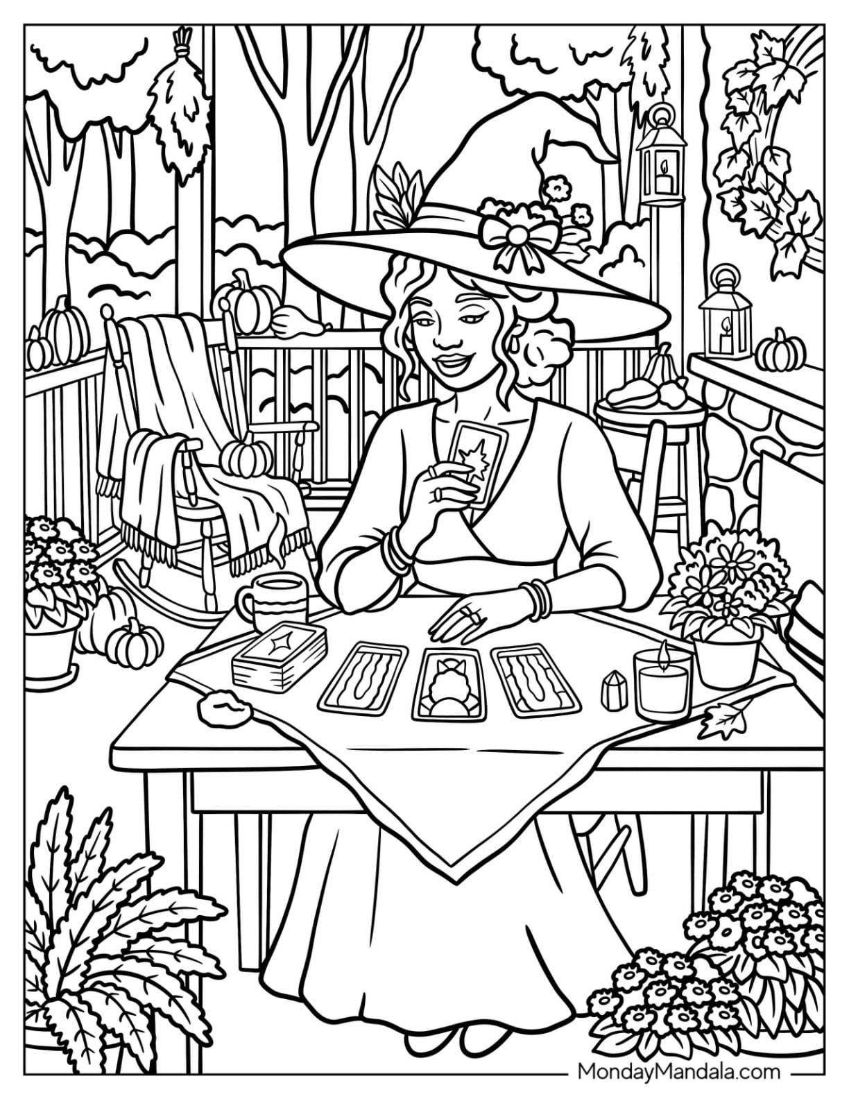 Witch Reading Tarot Cards Coloring Page