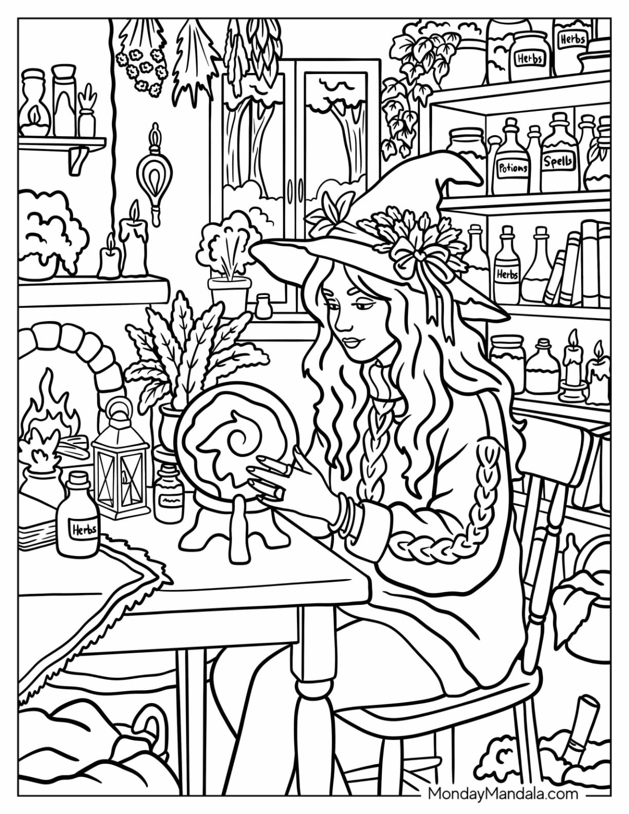 Witch Reading a Crystal Ball Coloring Page