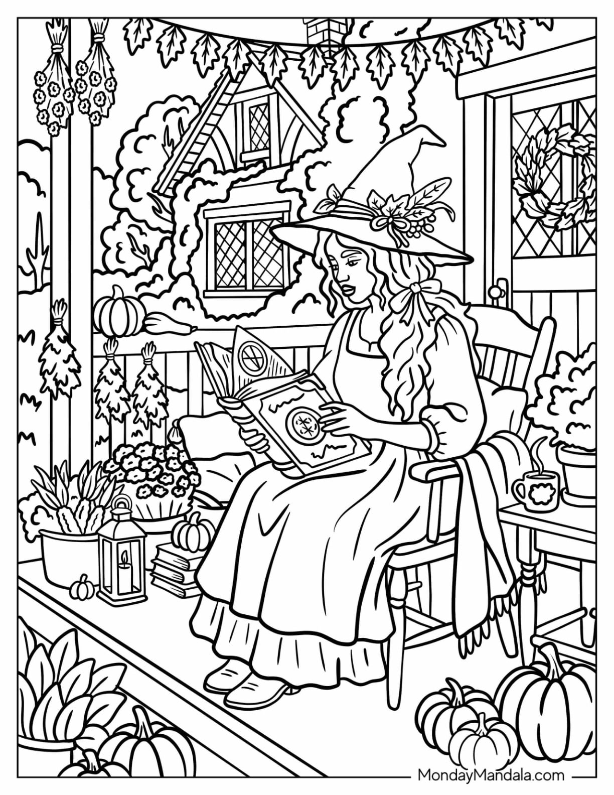 Witch Reading a Spell Book on Her Front Porch