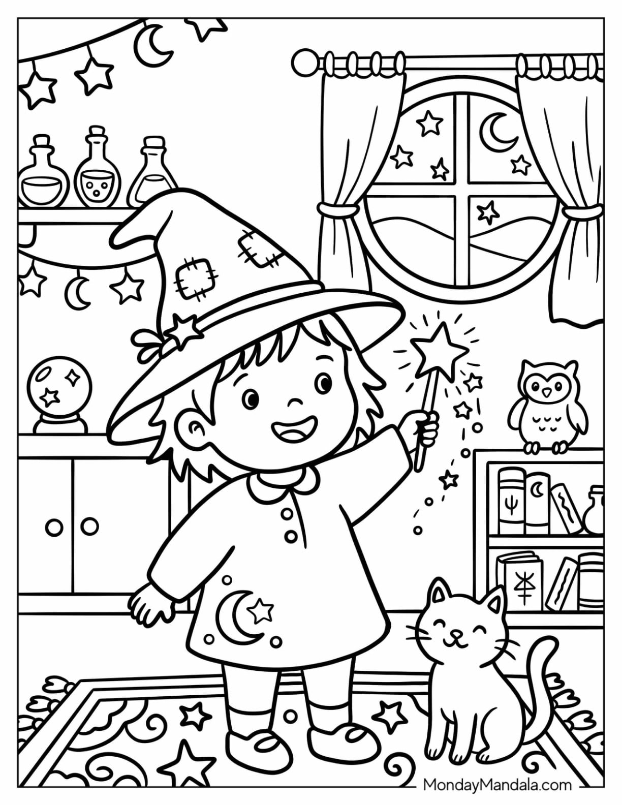 Witch Waving a Wand in Her Bedroom Coloring Page for Kids