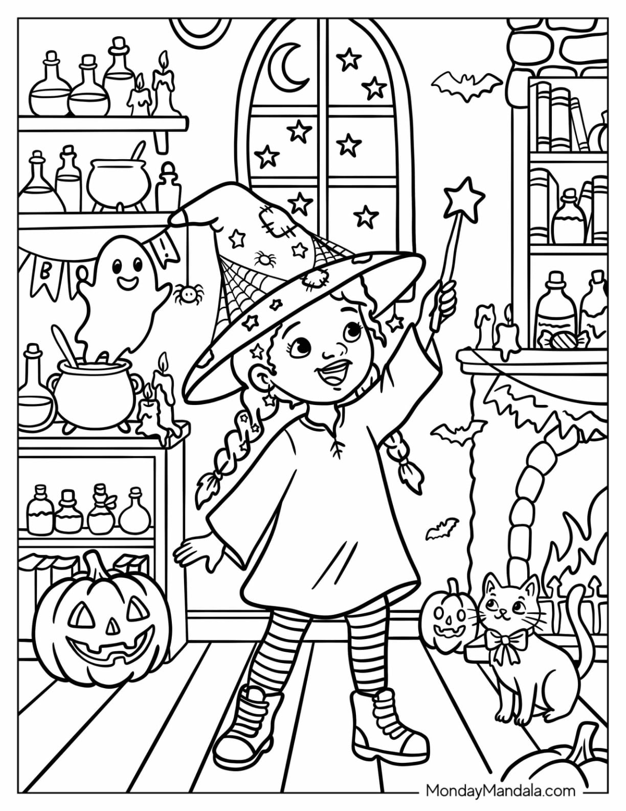 Witch in Pigtails Waving a Magic Wand Coloring Page