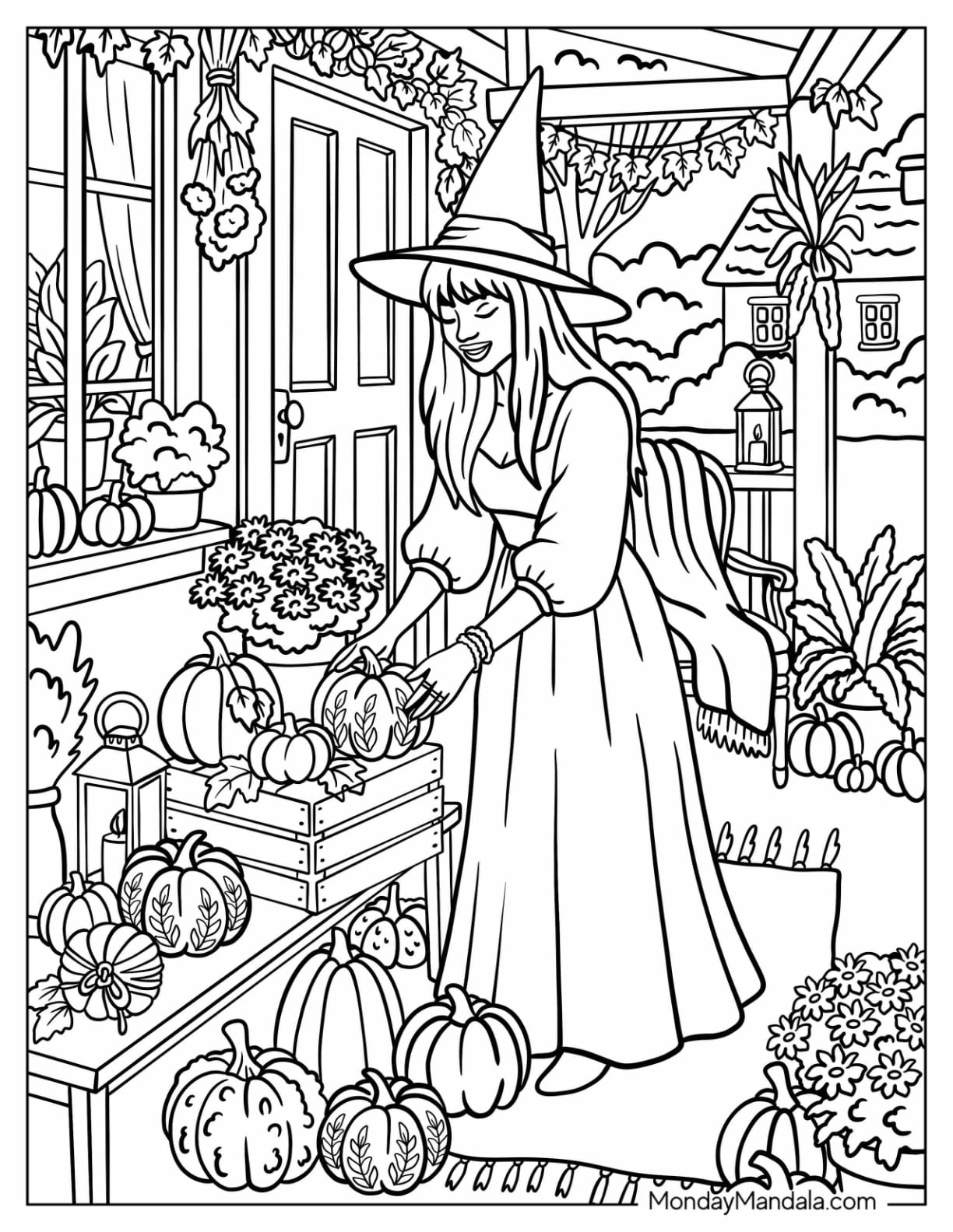 Witch in Pretty Dress Decorating Her Porch with Pumpkins Coloring Sheet