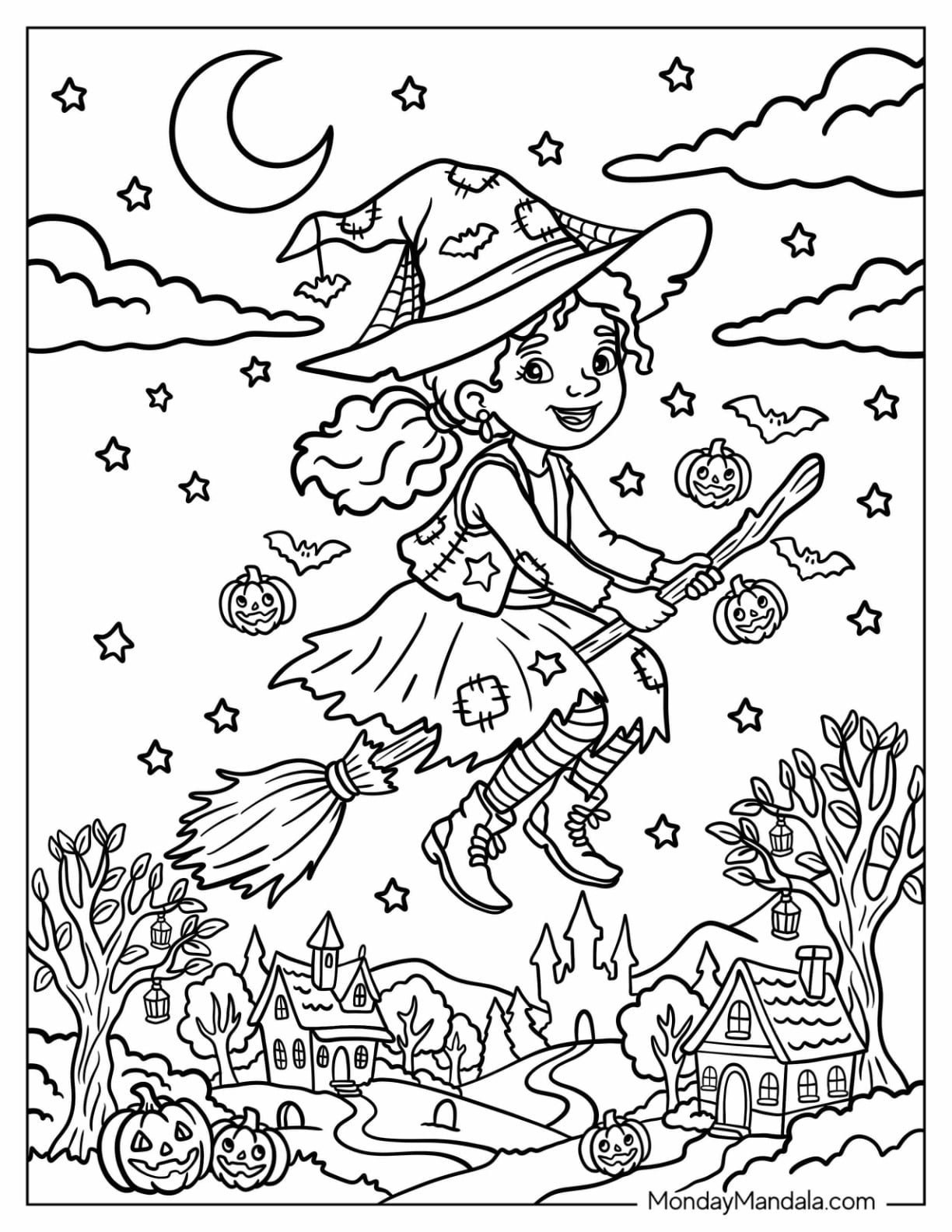 Witch with Patchwork Hat and Dress Flying on a Broom Coloring Sheet