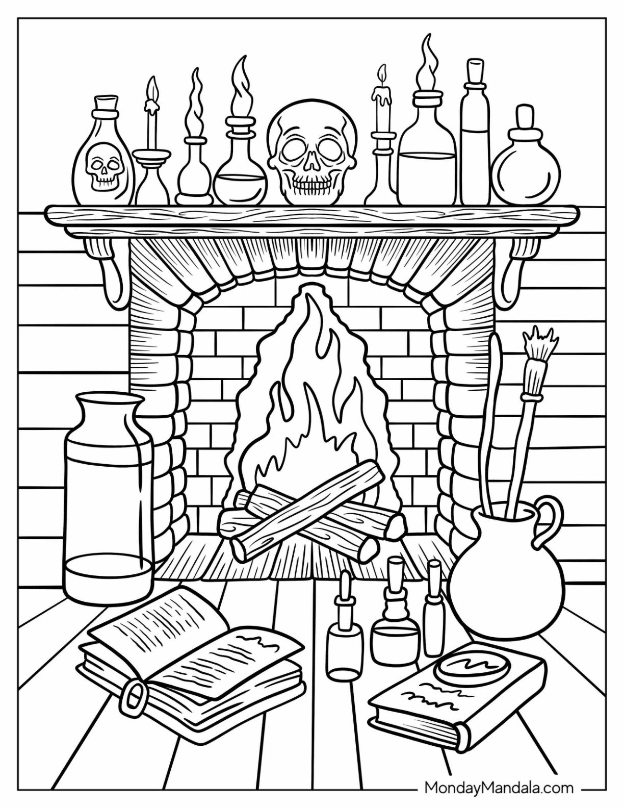 Halloween Coloring Page for Adults of Witch’s Fireplace with Open Spellbook and Glowing Candles