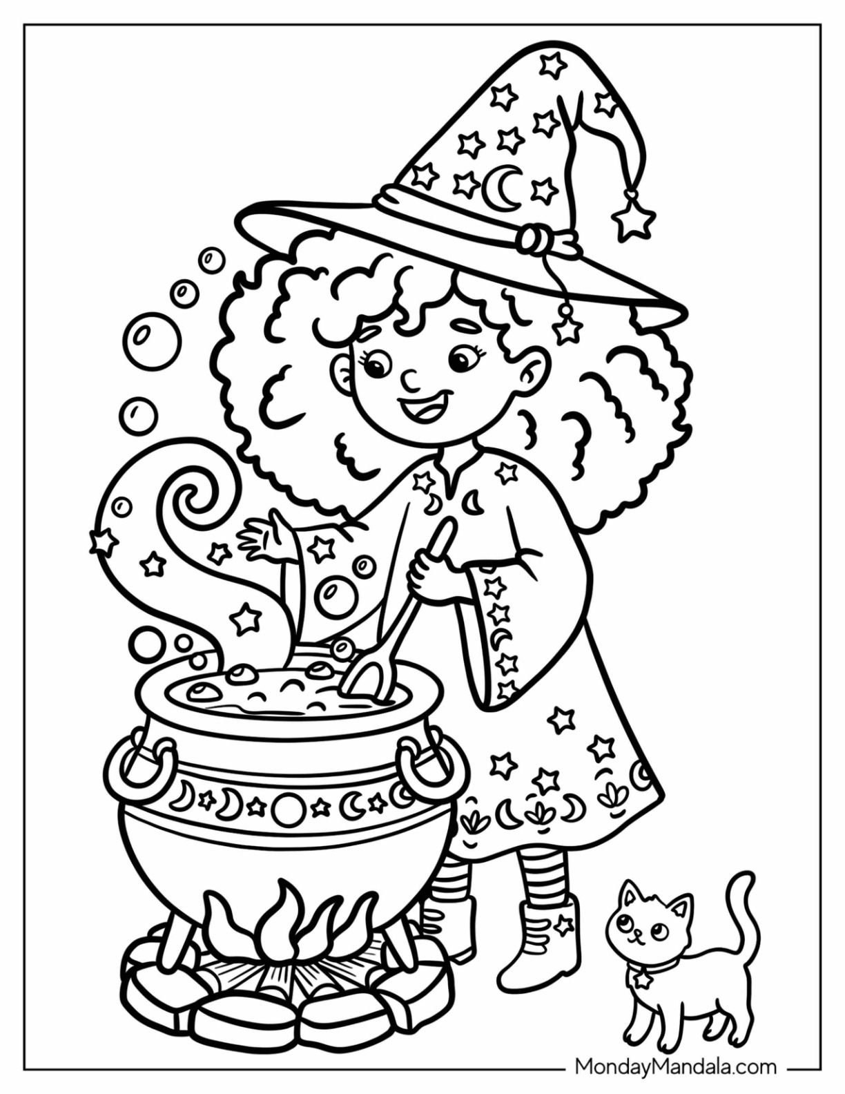 Witch with Starry Hat and Dress Casting a Spell Coloring Sheet