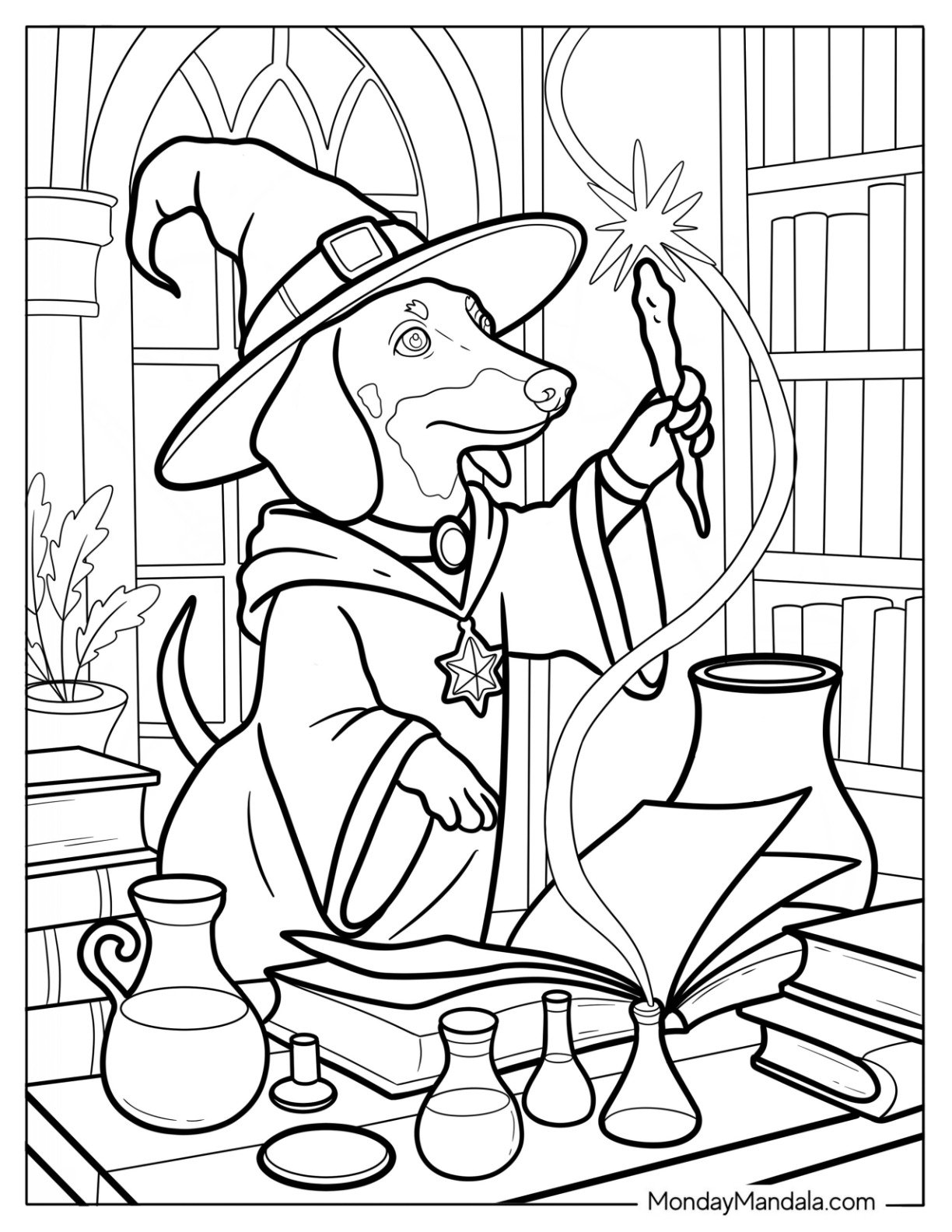 Wizard Dachshund Casting Spell in Magical Library with Potions and Books Coloring Sheet