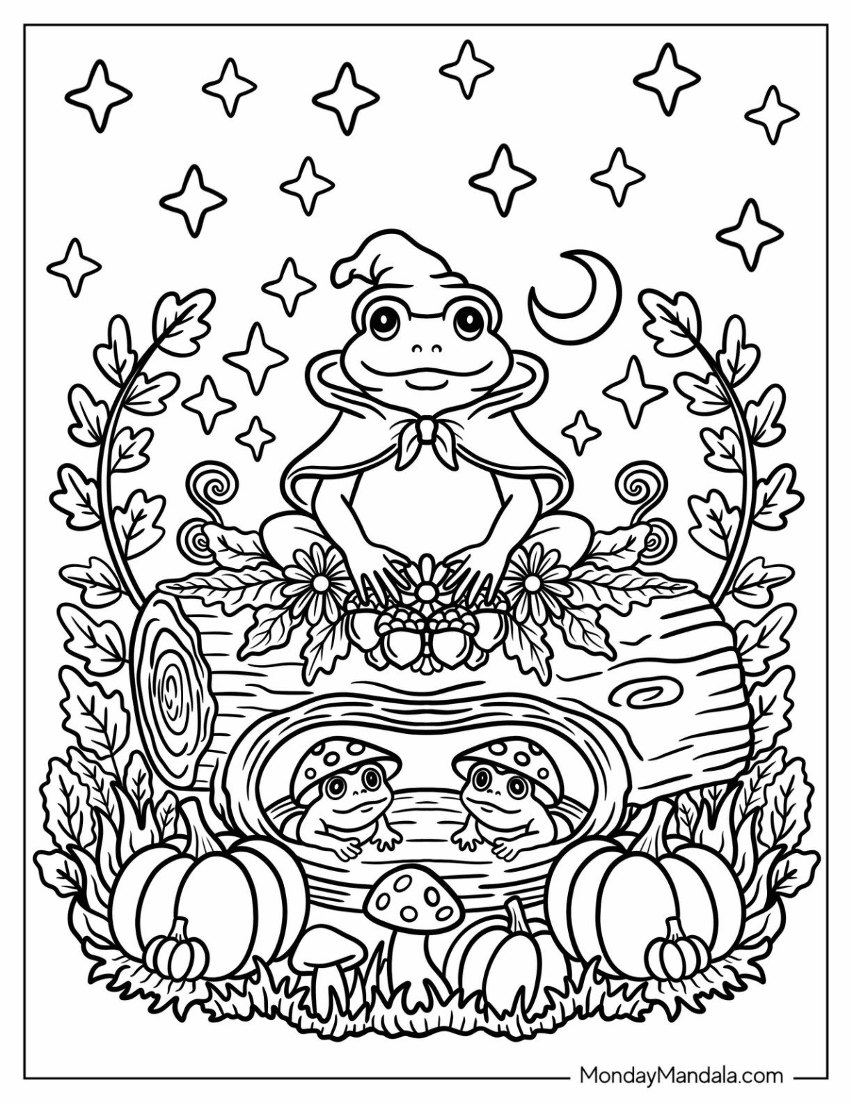 Autumn & Fall Coloring Page for Adults of Wizard Frogs Perched on a Tree Log with Pumpkins on Starry Night