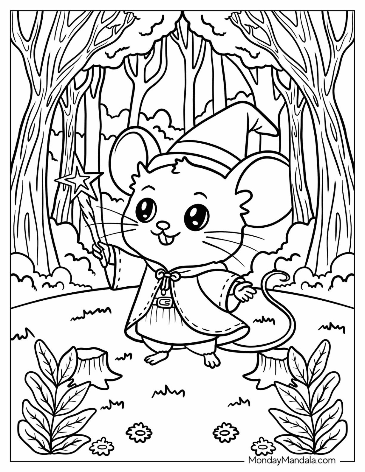 Wizard Mouse Coloring Page Casts a Spell in an Enchanted Forest