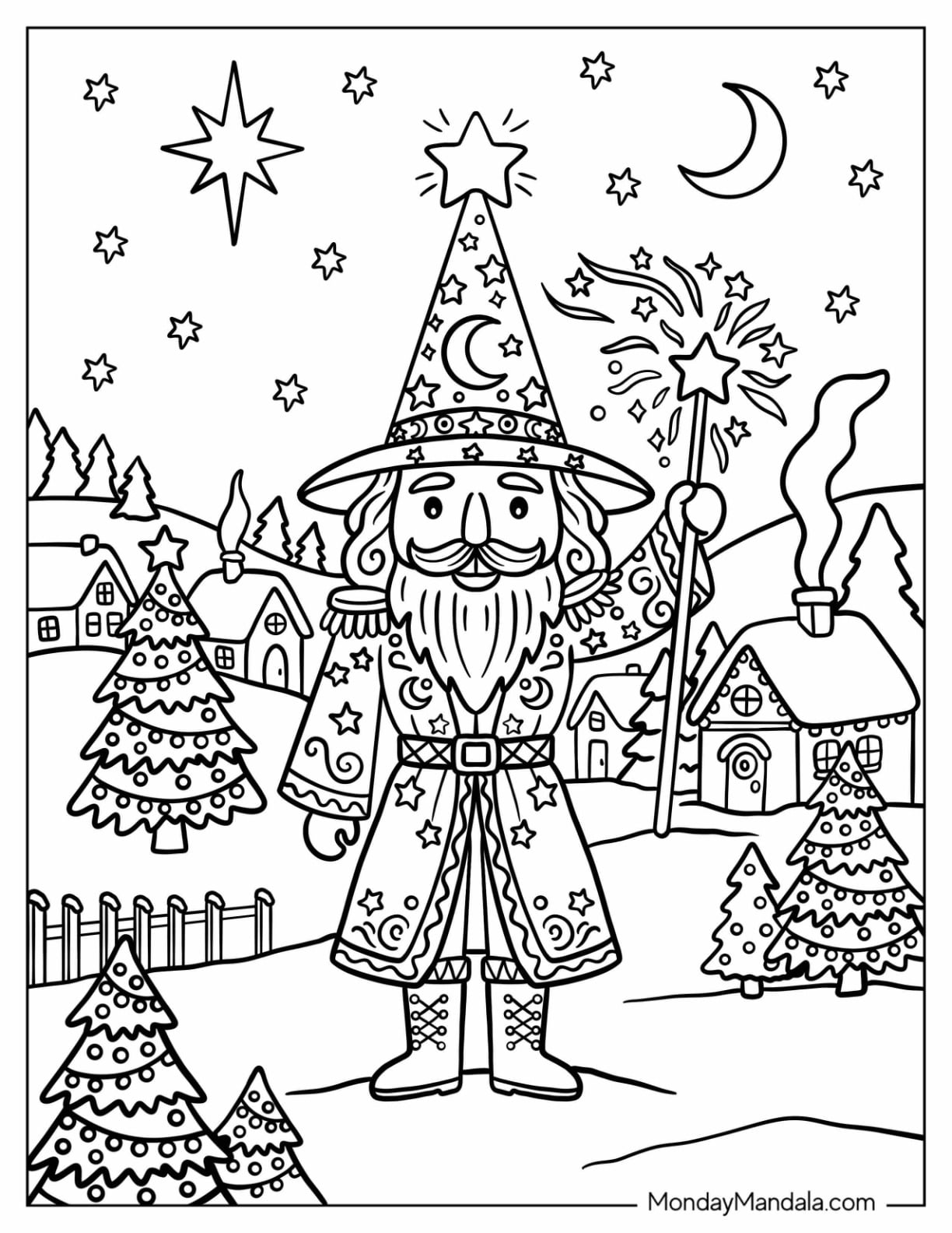 Wizard Nutcracker Holding a Star Wand in a Christmas Village Coloring Page